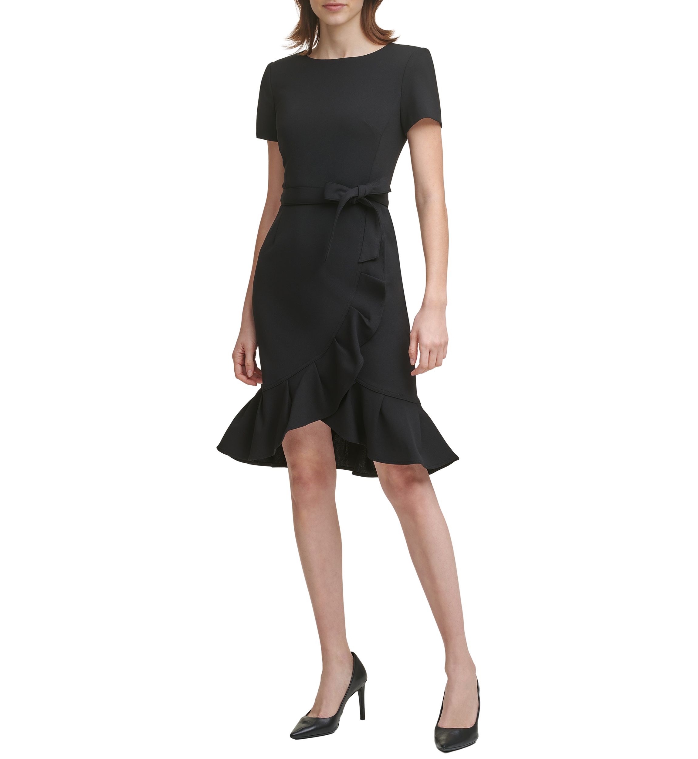 Womens Short Sleeve Boat Neck Tie Wrap Waist Ruffle Skirt Solid Fit and Flare