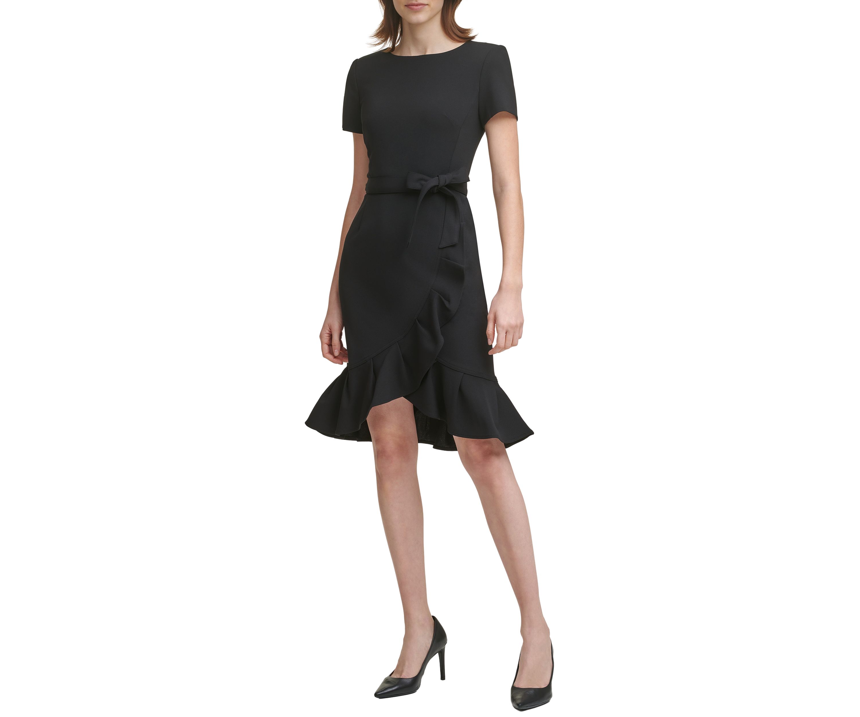 Womens Short Sleeve Boat Neck Tie Wrap Waist Ruffle Skirt Solid Fit and Flare
