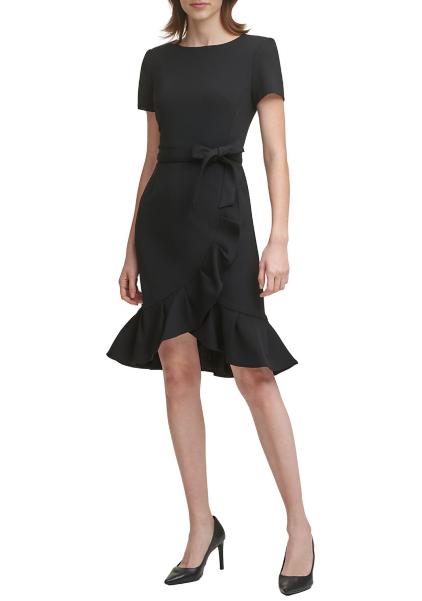 Womens Short Sleeve Boat Neck Tie Wrap Waist Ruffle Skirt Solid Fit and Flare