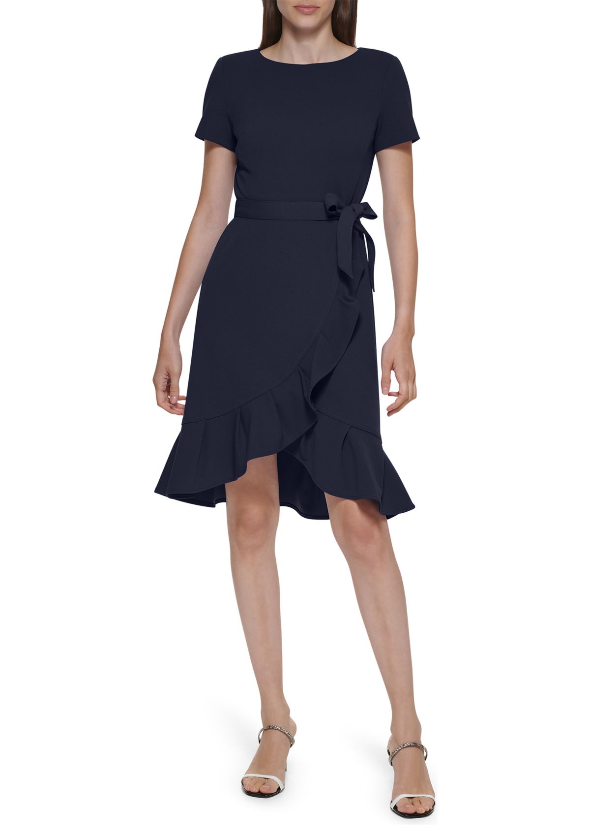 Womens Short Sleeve Boat Neck Tie Wrap Waist Ruffle Skirt Solid Fit and Flare