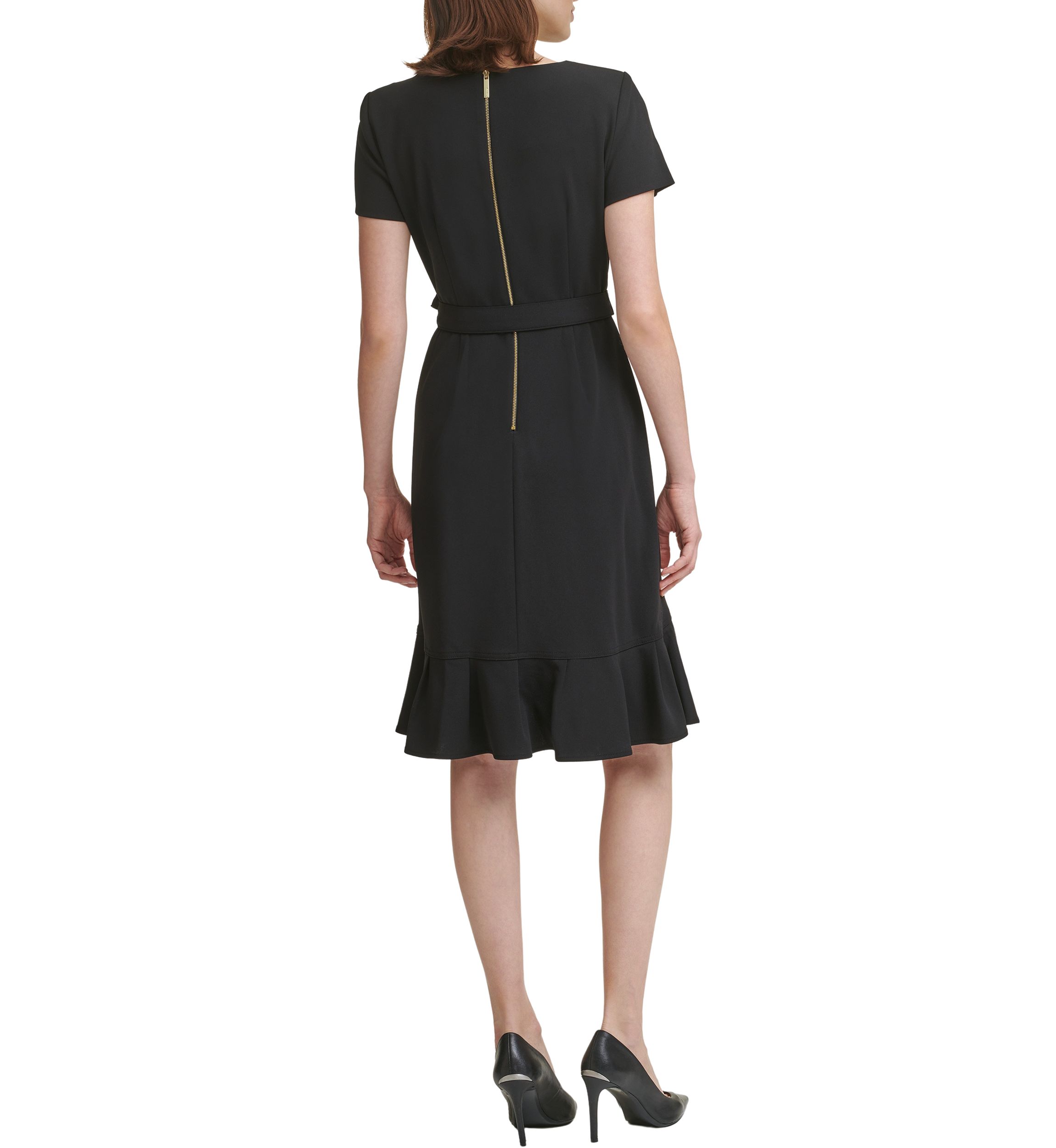 Womens Short Sleeve Boat Neck Tie Wrap Waist Ruffle Skirt Solid Fit and Flare