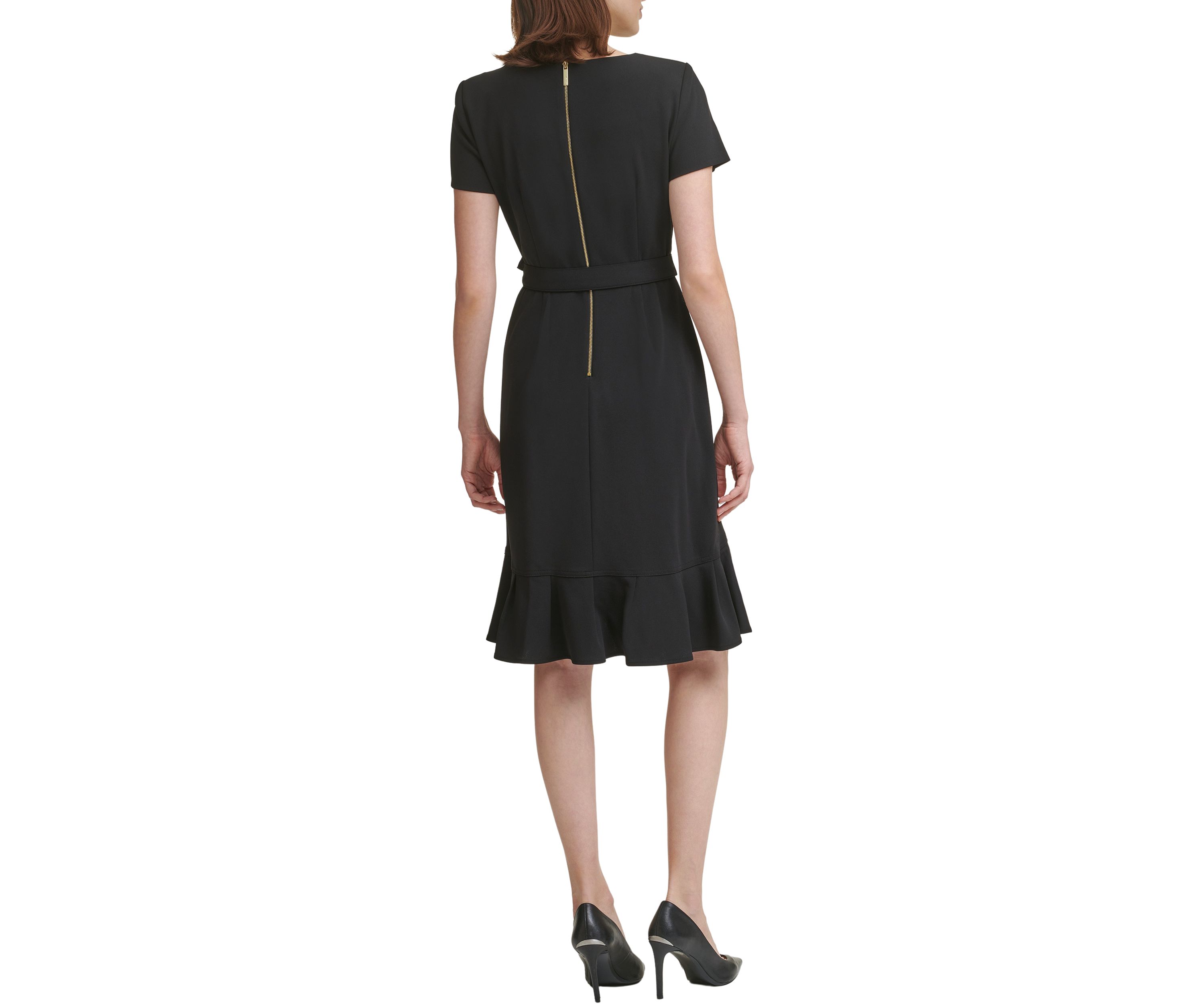 Womens Short Sleeve Boat Neck Tie Wrap Waist Ruffle Skirt Solid Fit and Flare