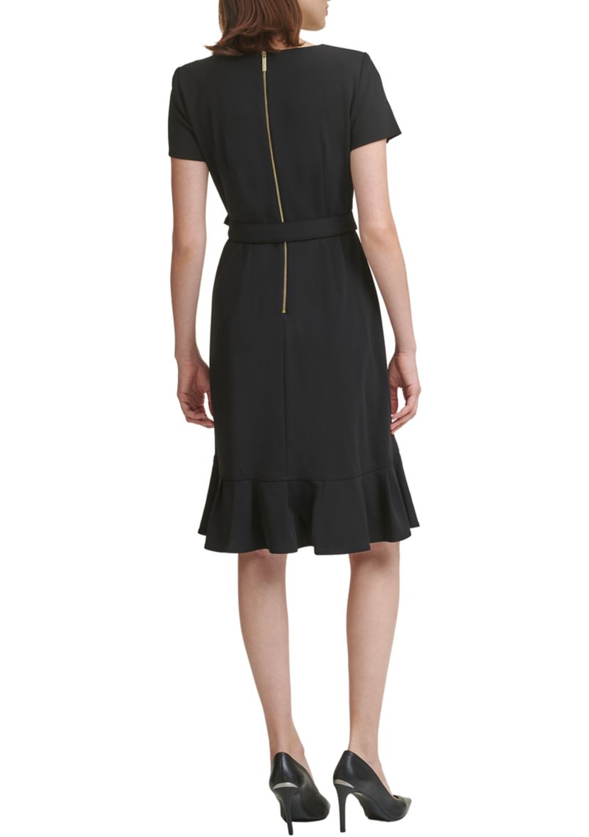 Womens Short Sleeve Boat Neck Tie Wrap Waist Ruffle Skirt Solid Fit and Flare