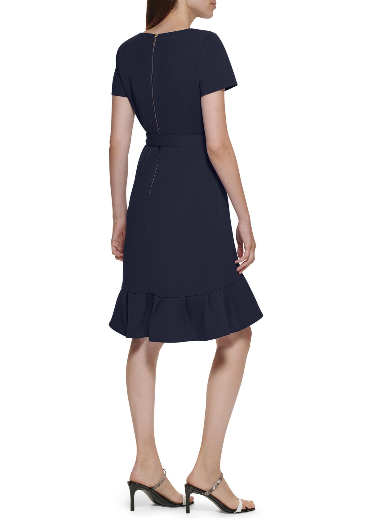 Womens Short Sleeve Boat Neck Tie Wrap Waist Ruffle Skirt Solid Fit and Flare