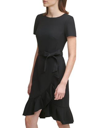 Calvin Klein Women's Short Sleeve Boat Neck Tie Wrap Waist Ruffle Skirt  Solid Fit and Flare | belk