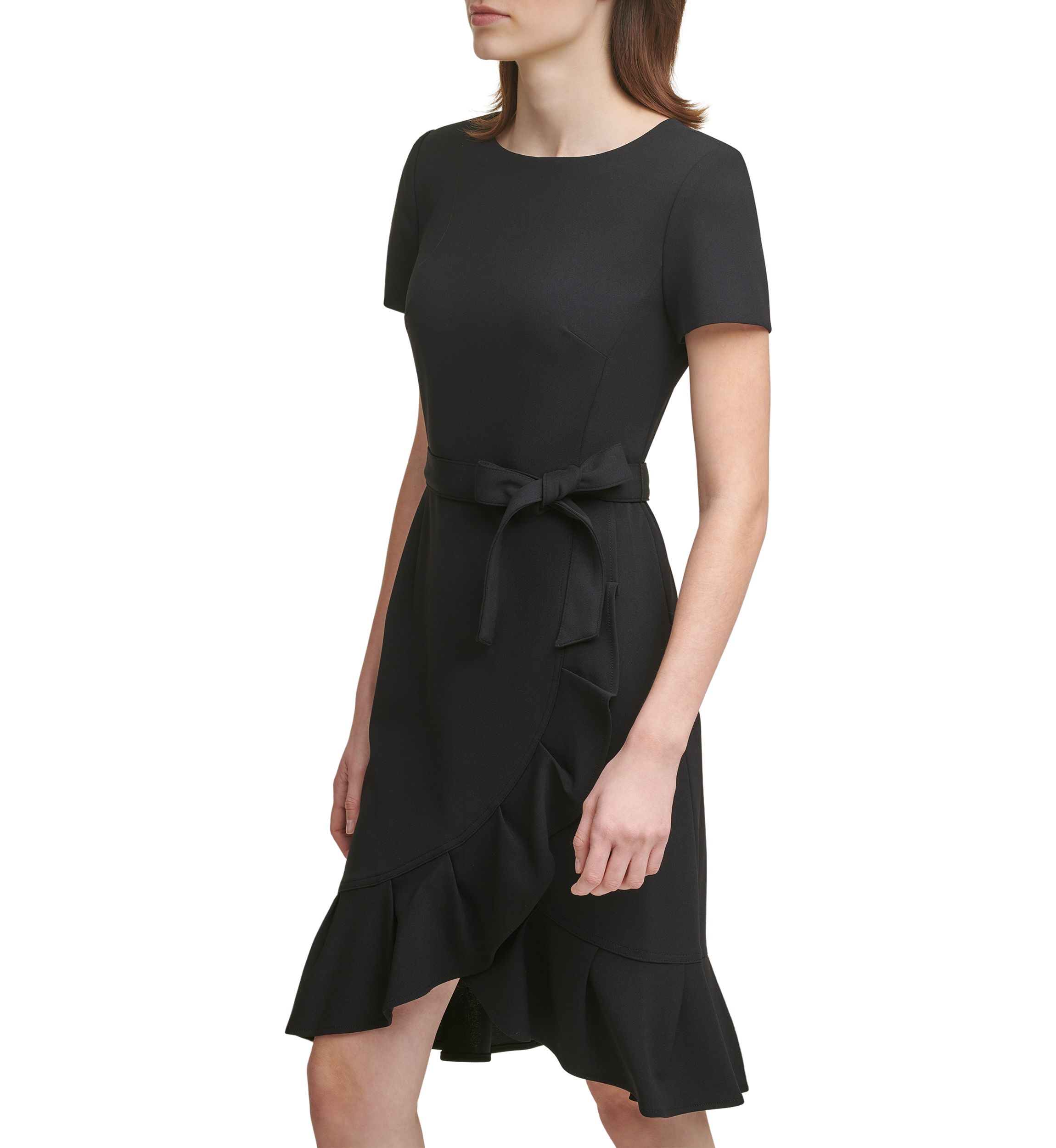 Womens Short Sleeve Boat Neck Tie Wrap Waist Ruffle Skirt Solid Fit and Flare