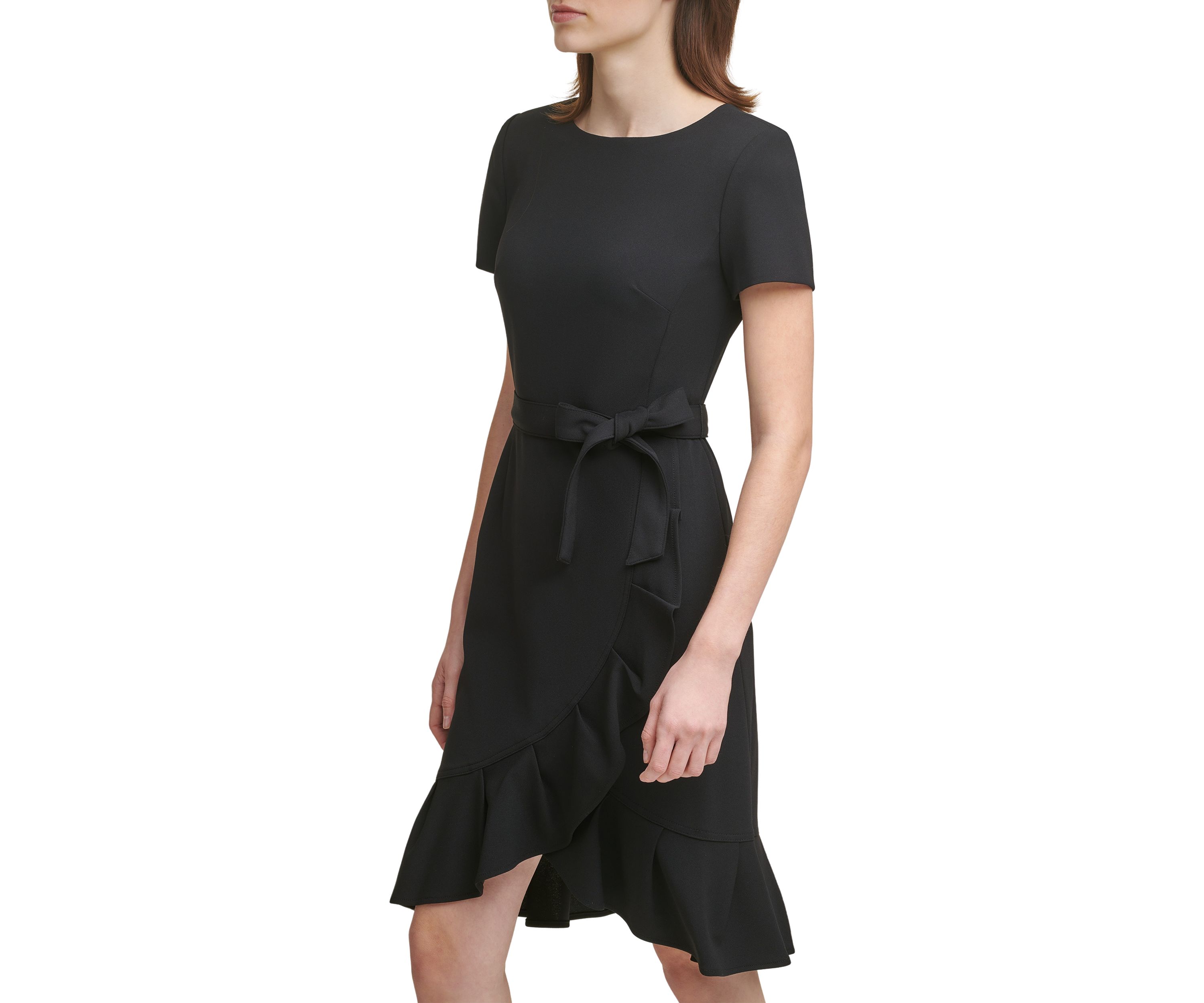 Womens Short Sleeve Boat Neck Tie Wrap Waist Ruffle Skirt Solid Fit and Flare