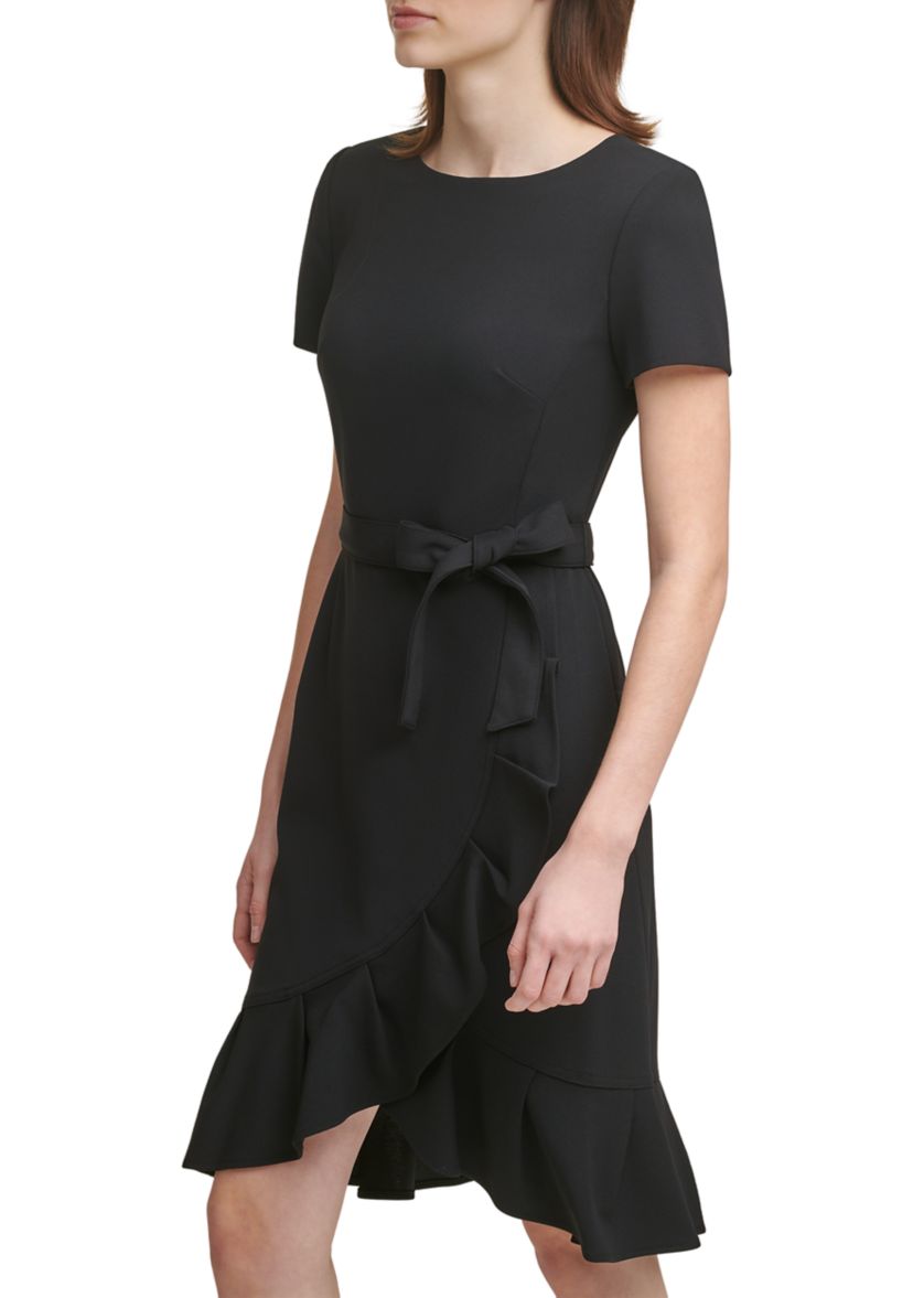 Womens Short Sleeve Boat Neck Tie Wrap Waist Ruffle Skirt Solid Fit and Flare