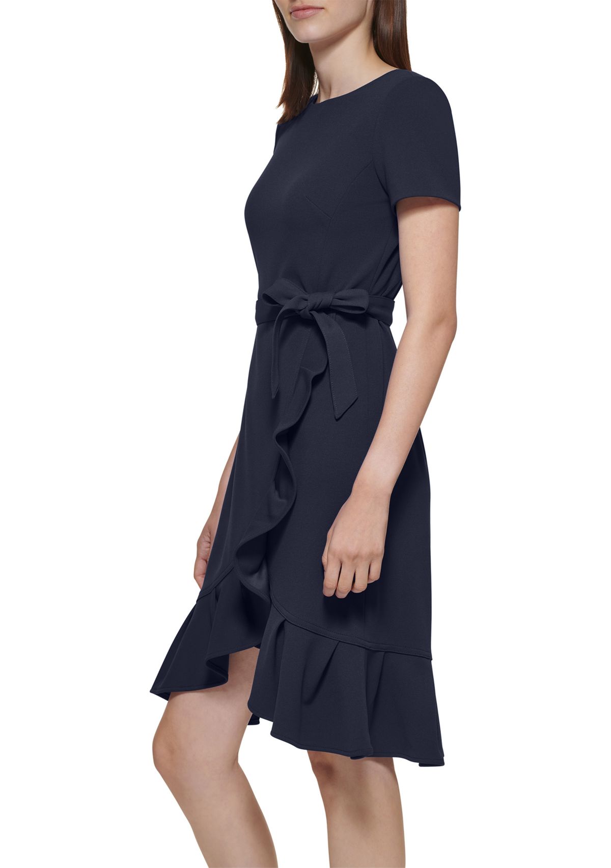 Womens Short Sleeve Boat Neck Tie Wrap Waist Ruffle Skirt Solid Fit and Flare