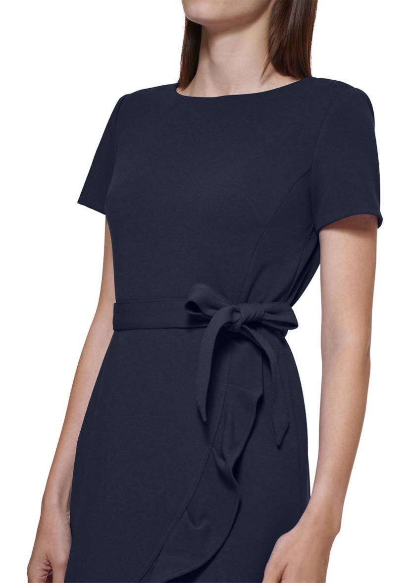 Womens Short Sleeve Boat Neck Tie Wrap Waist Ruffle Skirt Solid Fit and Flare