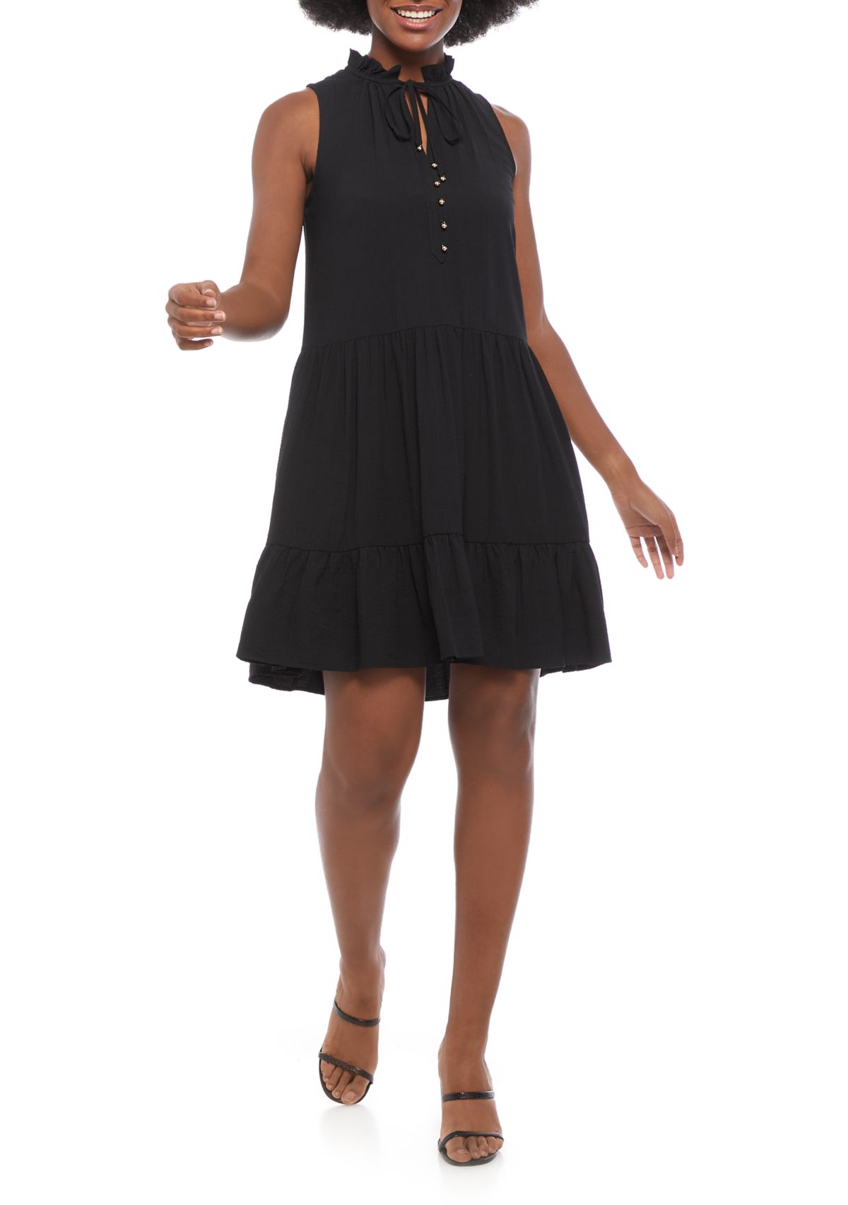 Womens Sleeveless Tie Neck Tiered Gauze Dress 