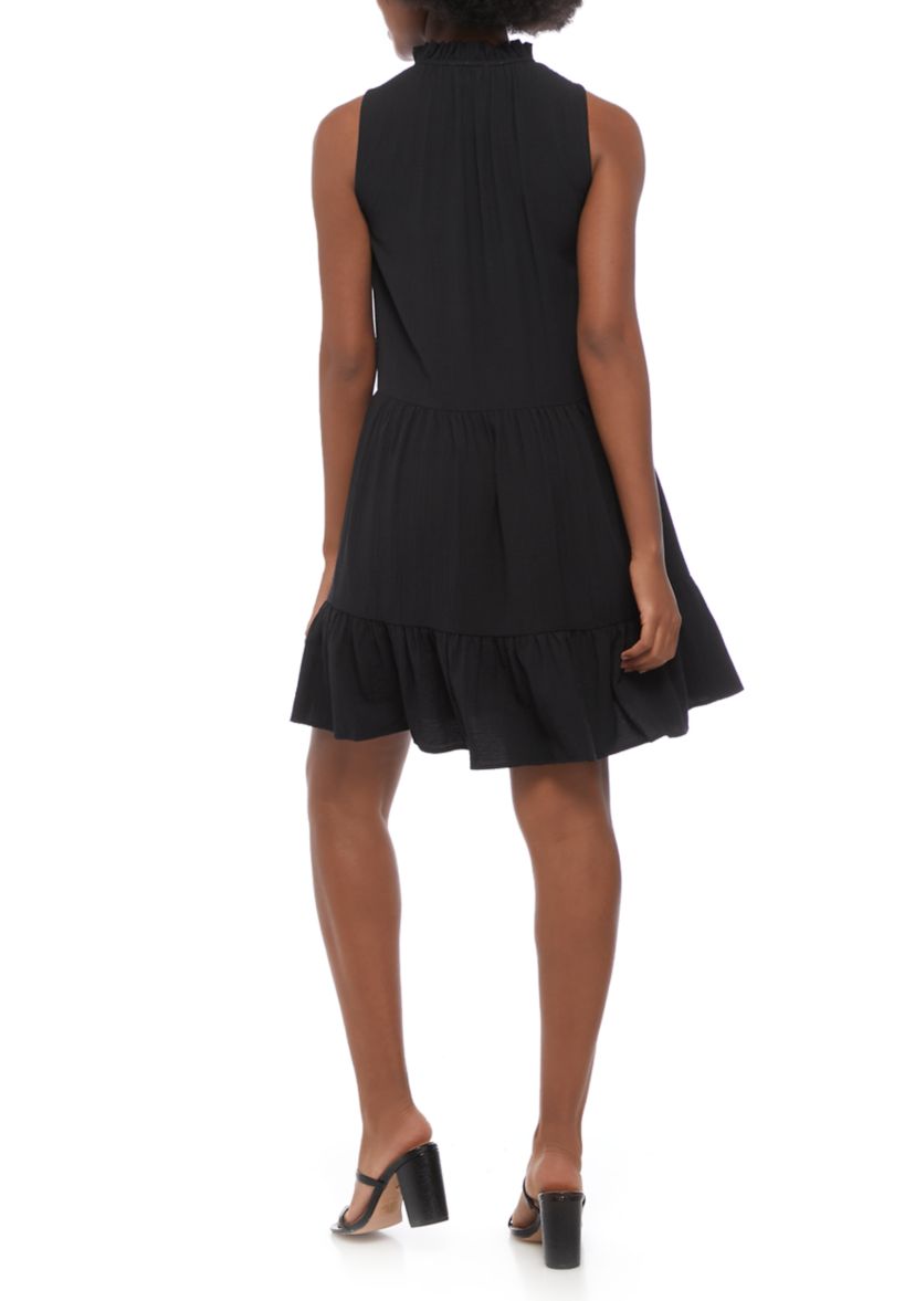 Womens Sleeveless Tie Neck Tiered Gauze Dress 