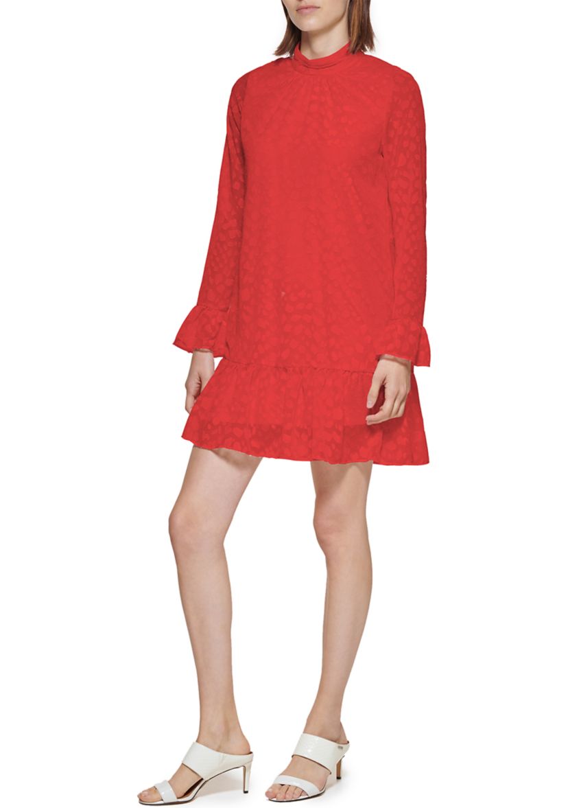 Womens Mock Neck Lace Flounce Hem Dress