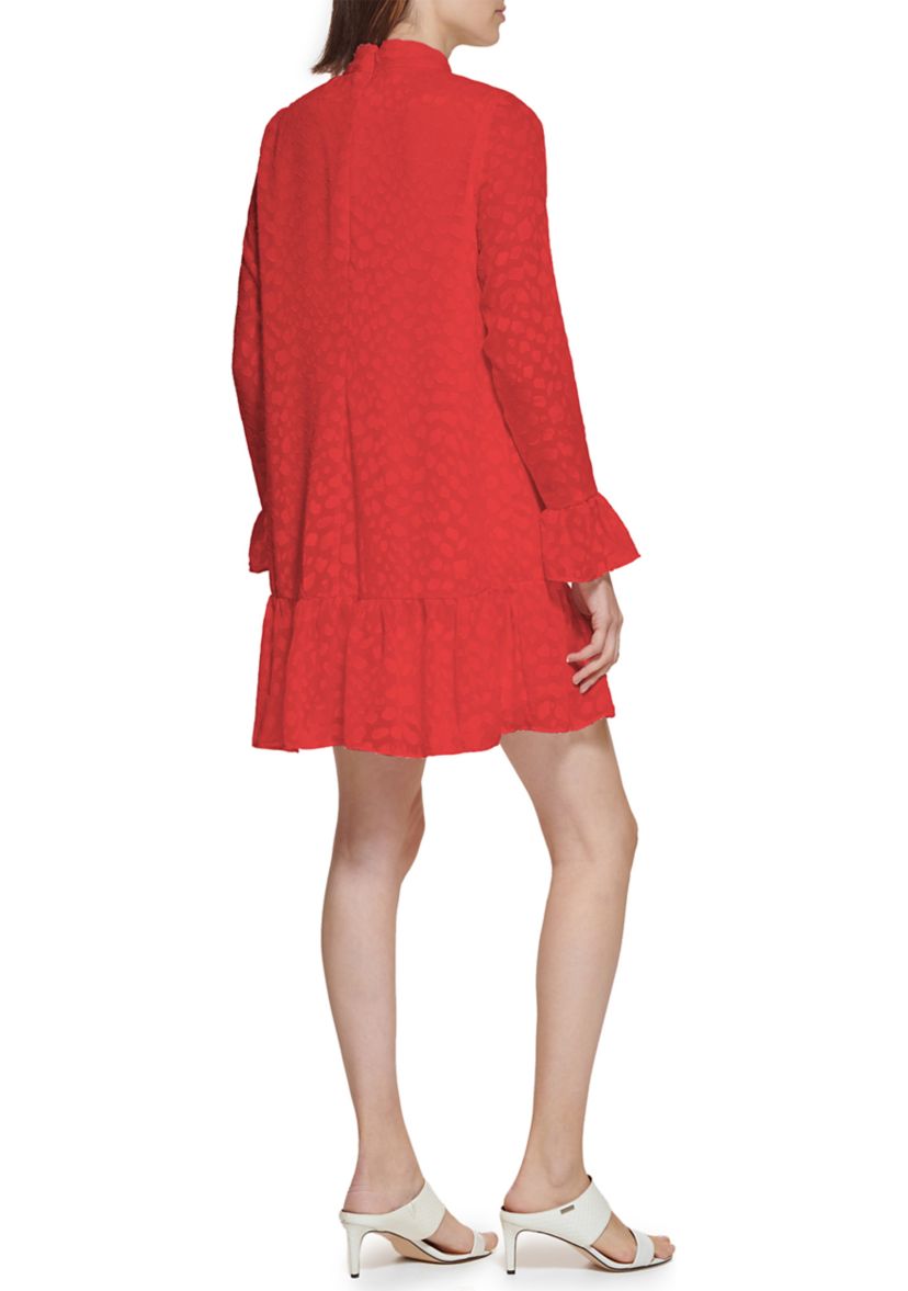 Womens Mock Neck Lace Flounce Hem Dress