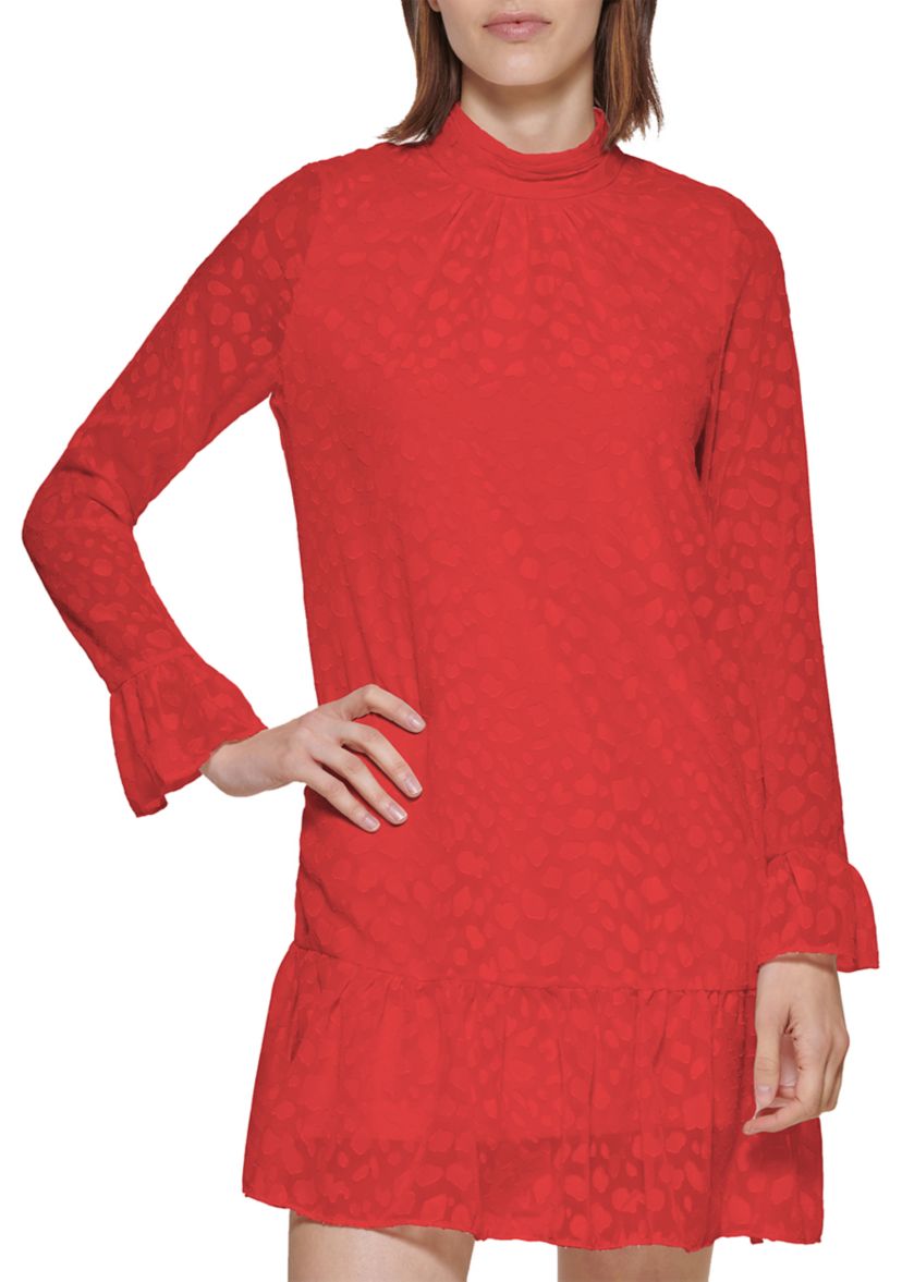 Womens Mock Neck Lace Flounce Hem Dress