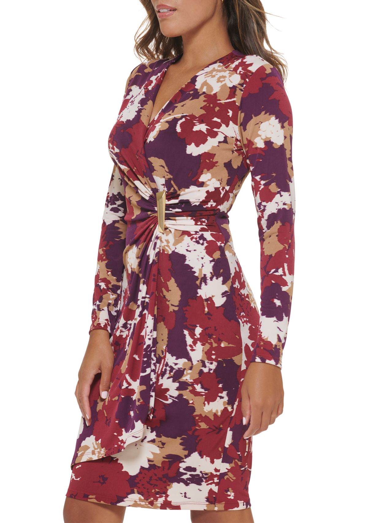 Womens Long Sleeve V-Neck Floral Print Surplice