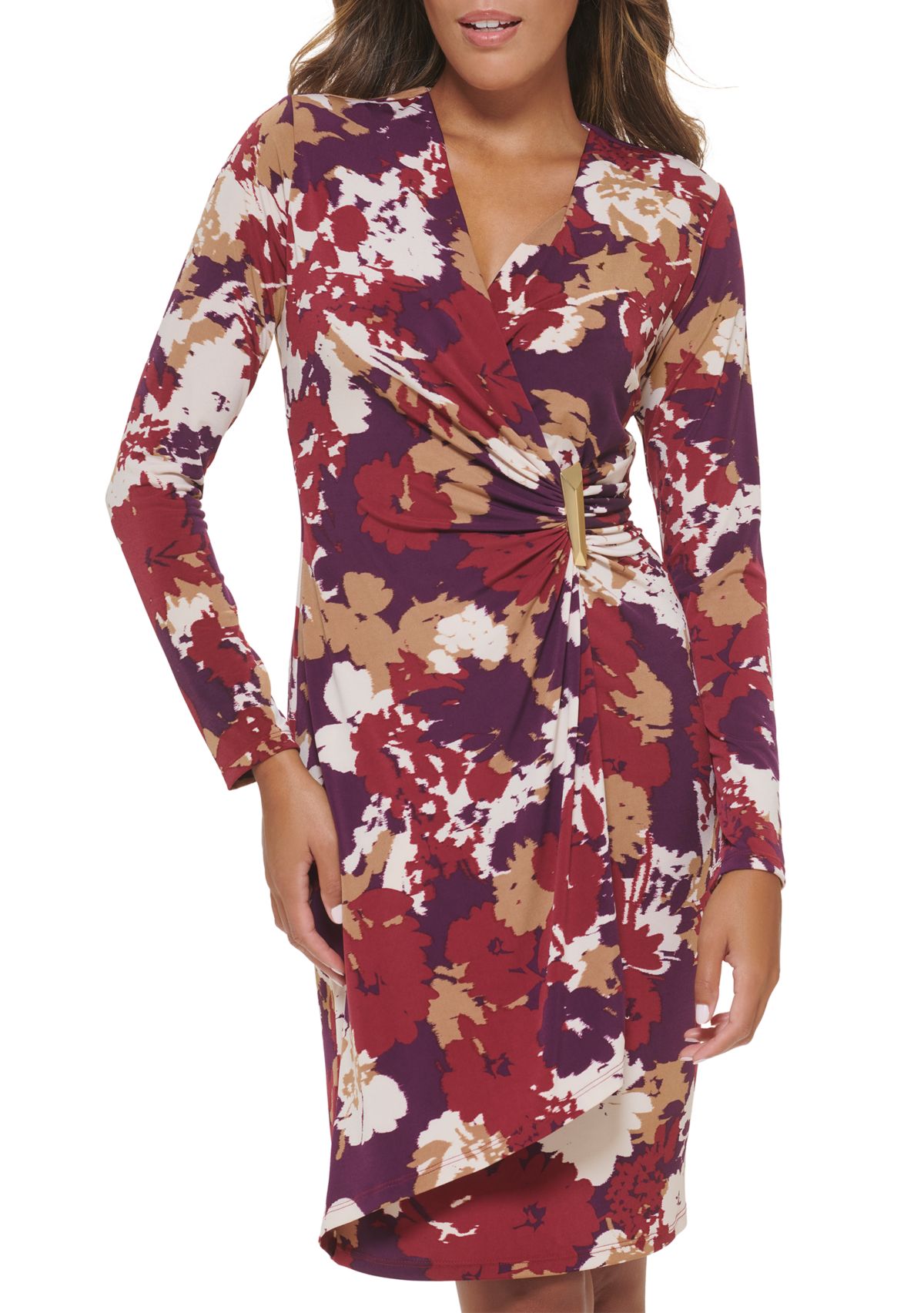 Womens Long Sleeve V-Neck Floral Print Surplice