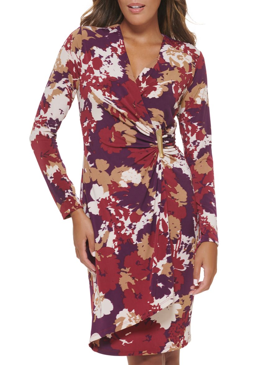 Womens Long Sleeve V-Neck Floral Print Surplice