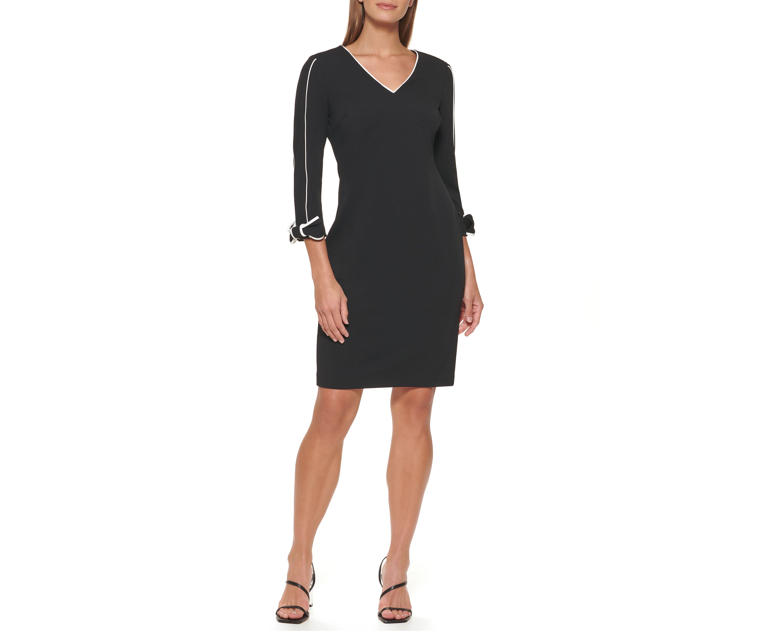 Womens 3/4 Sleeve V-Neck Lined Sleeve Scuba Sheath Dress