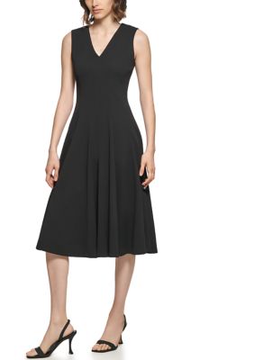 Calvin Klein Women's Sleeveless V-Neck Solid Fit and Flare Midi Dress ...