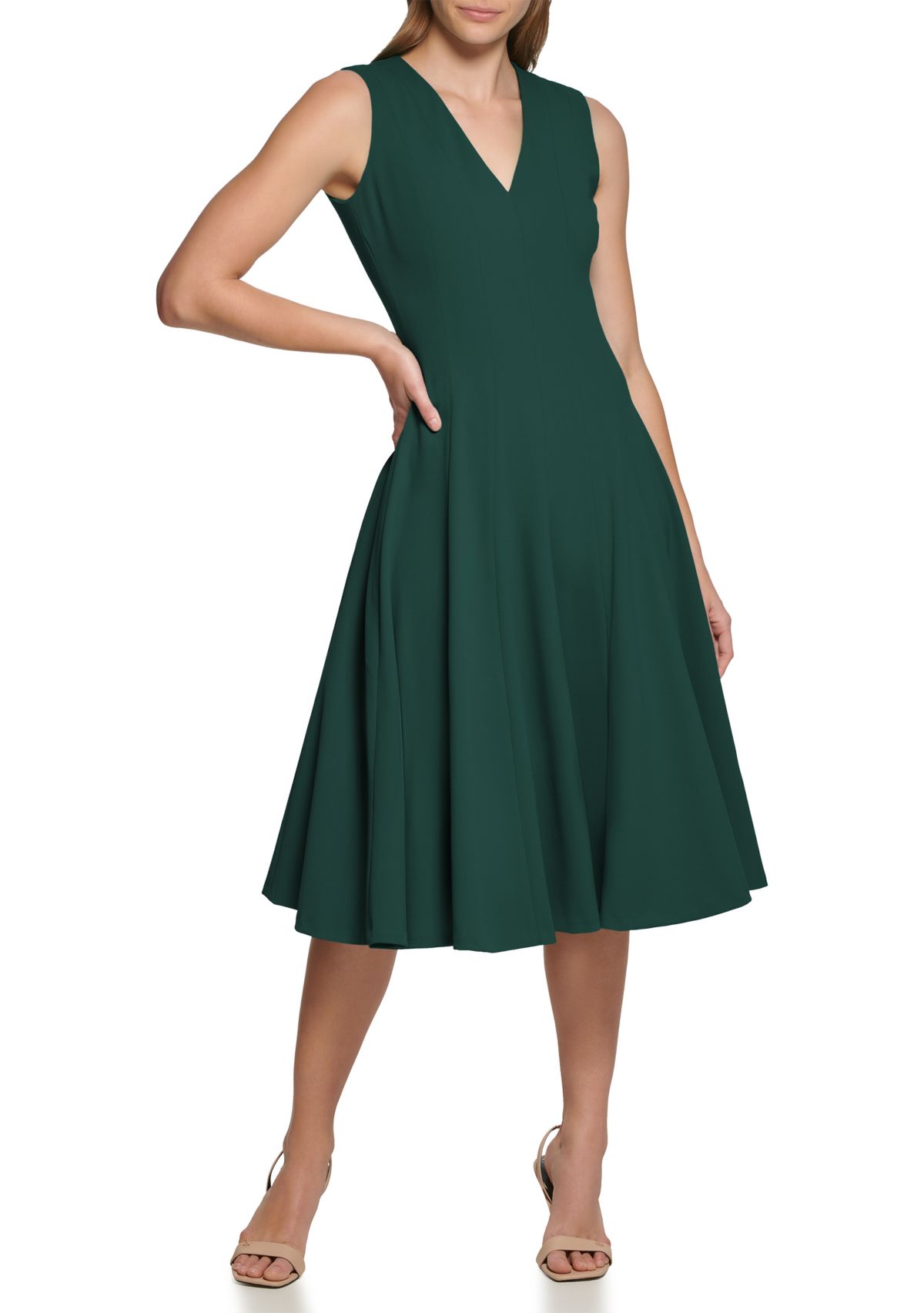 Womens Sleeveless V-Neck Solid Fit and Flare Midi Dress