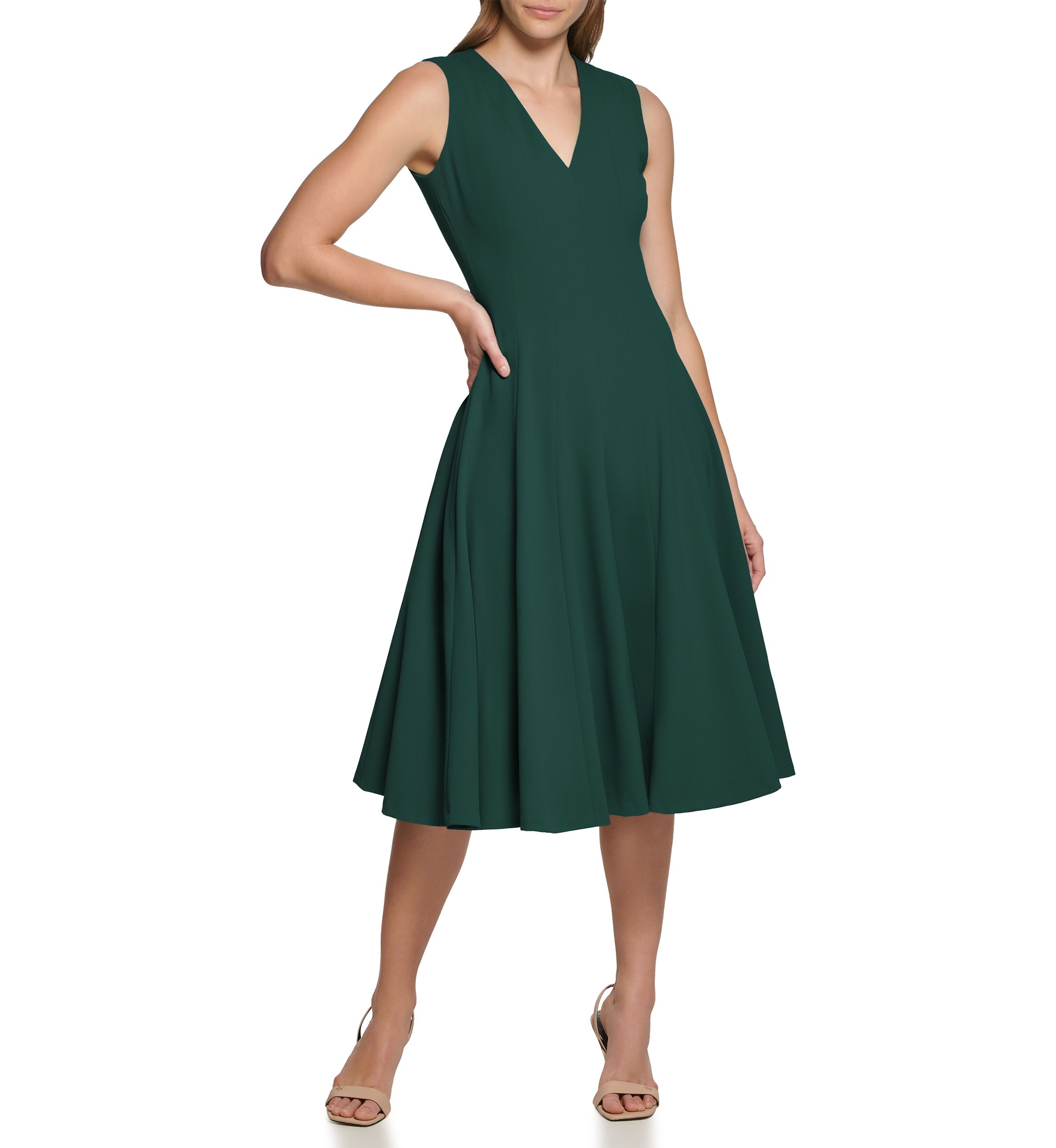 Womens Sleeveless V-Neck Solid Fit and Flare Midi Dress