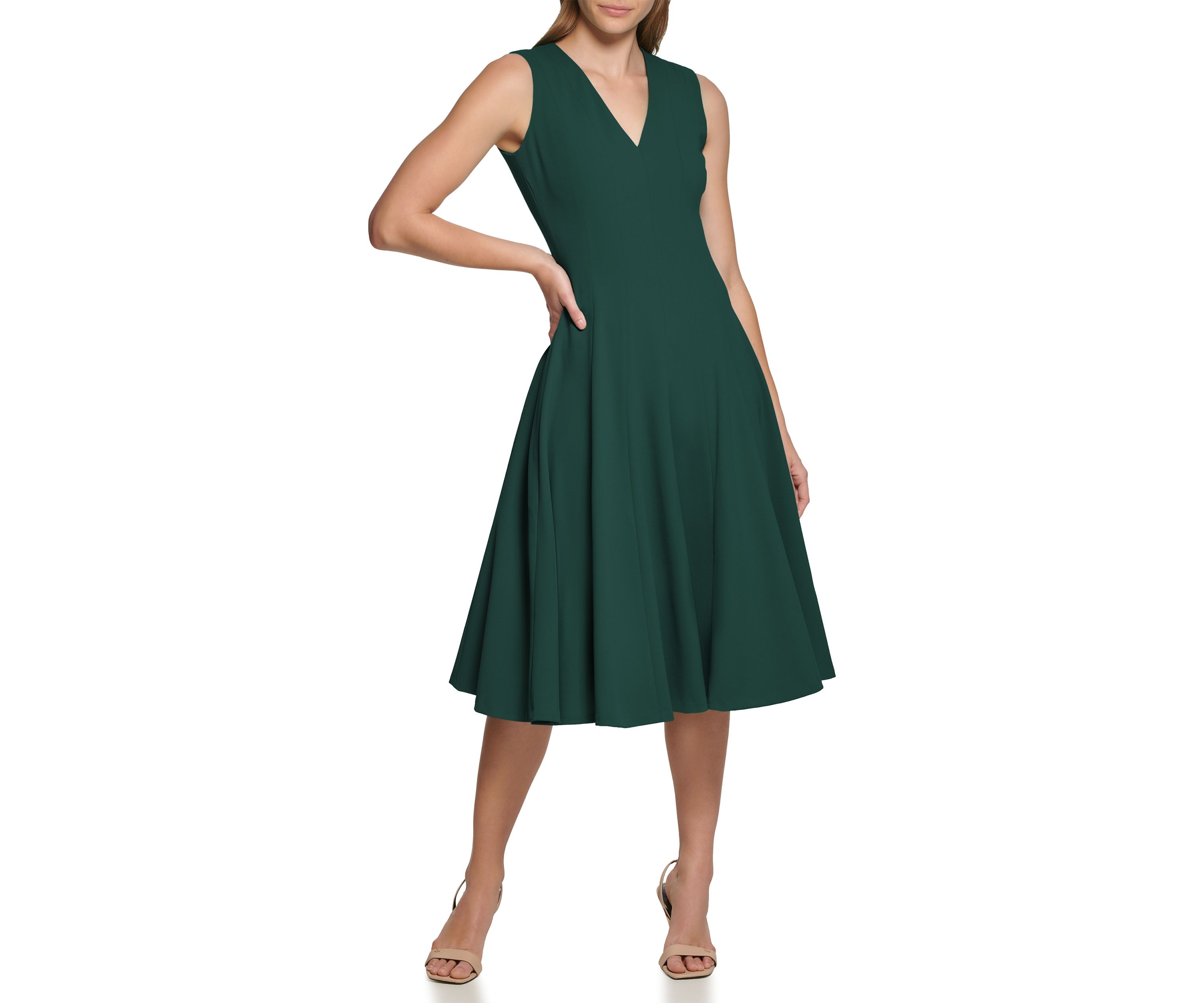 Womens Sleeveless V-Neck Solid Fit and Flare Midi Dress