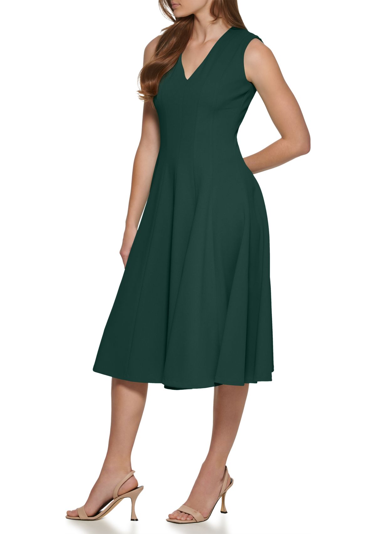 Womens Sleeveless V-Neck Solid Fit and Flare Midi Dress