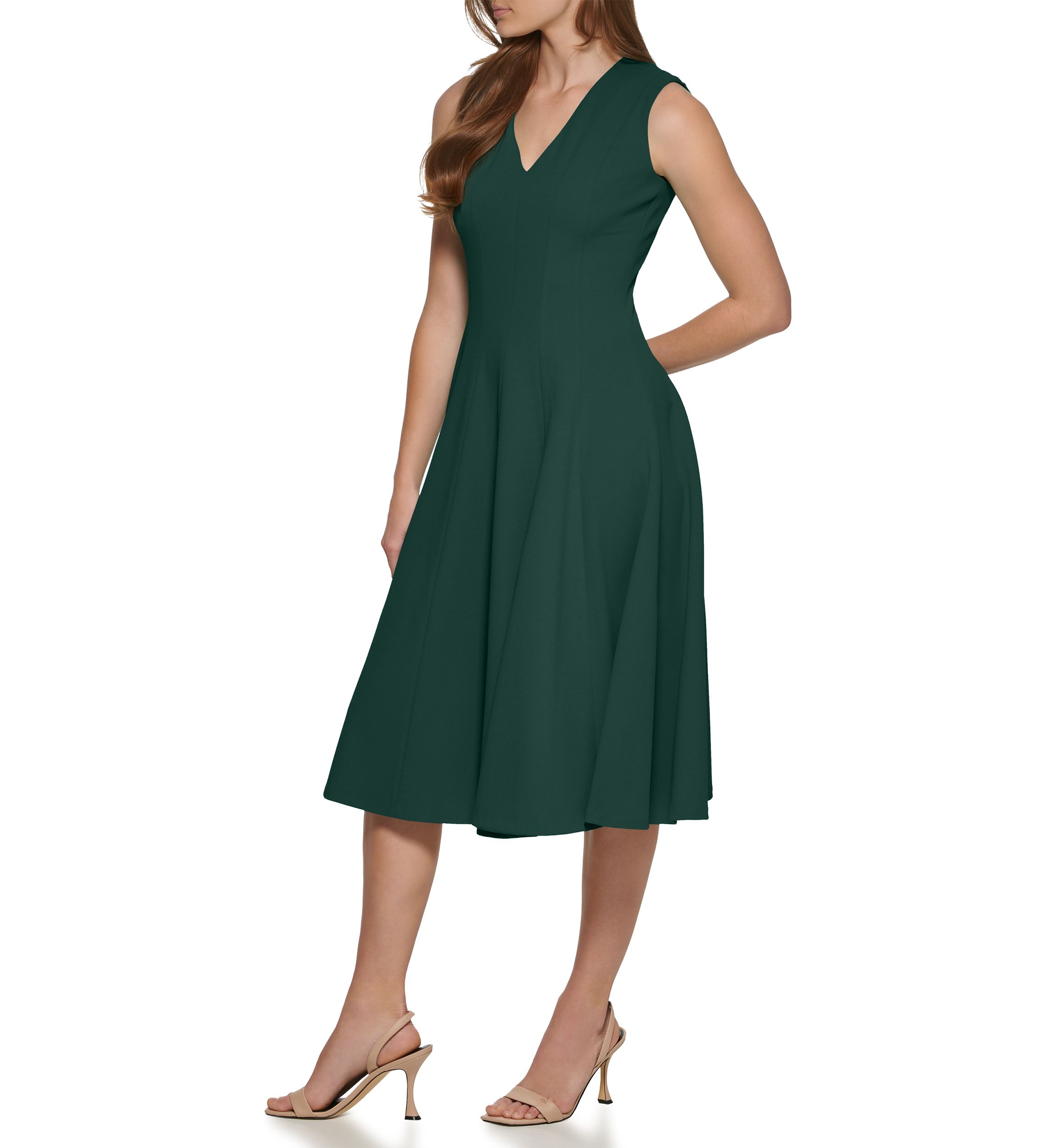 Womens Sleeveless V-Neck Solid Fit and Flare Midi Dress