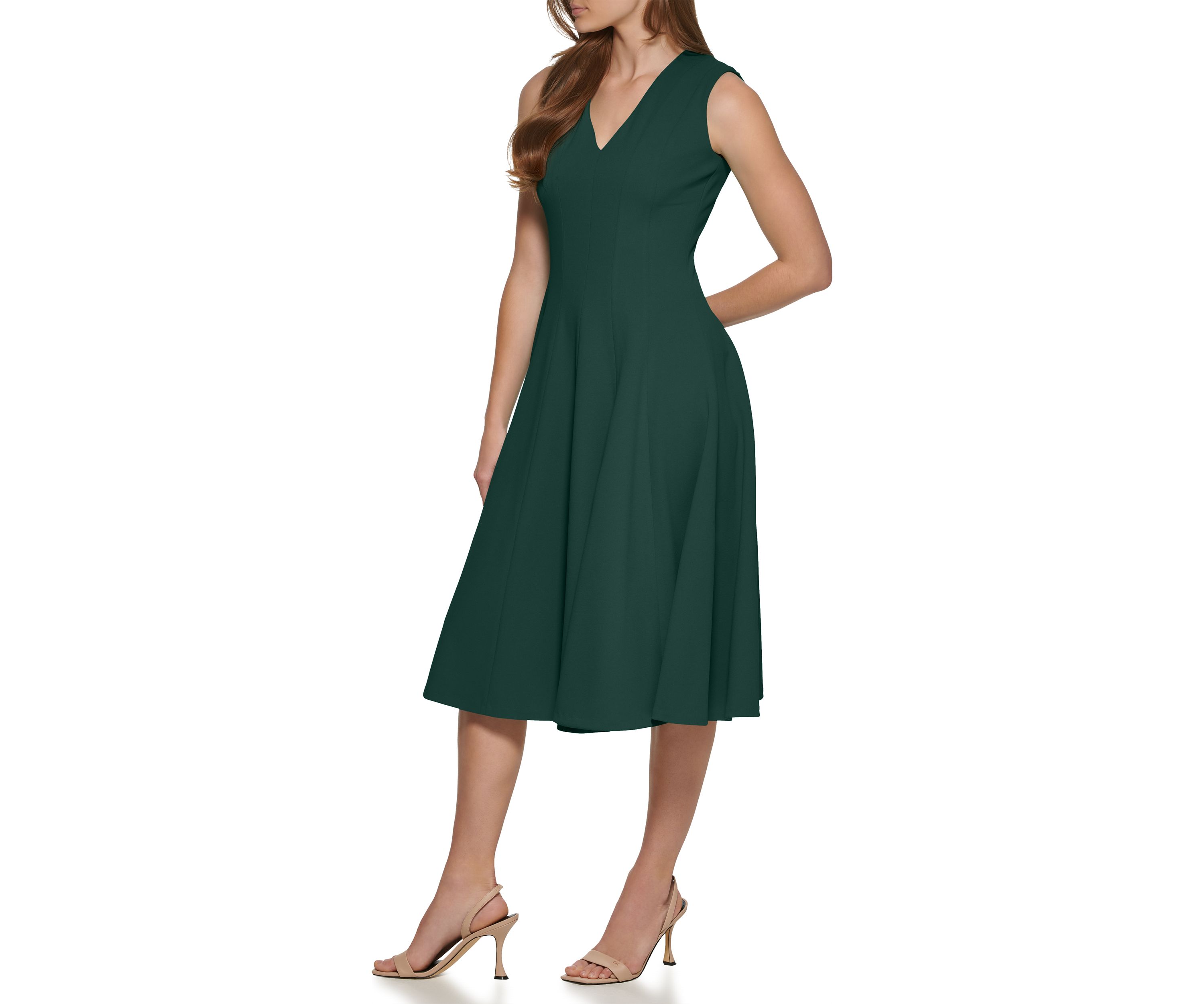 Womens Sleeveless V-Neck Solid Fit and Flare Midi Dress