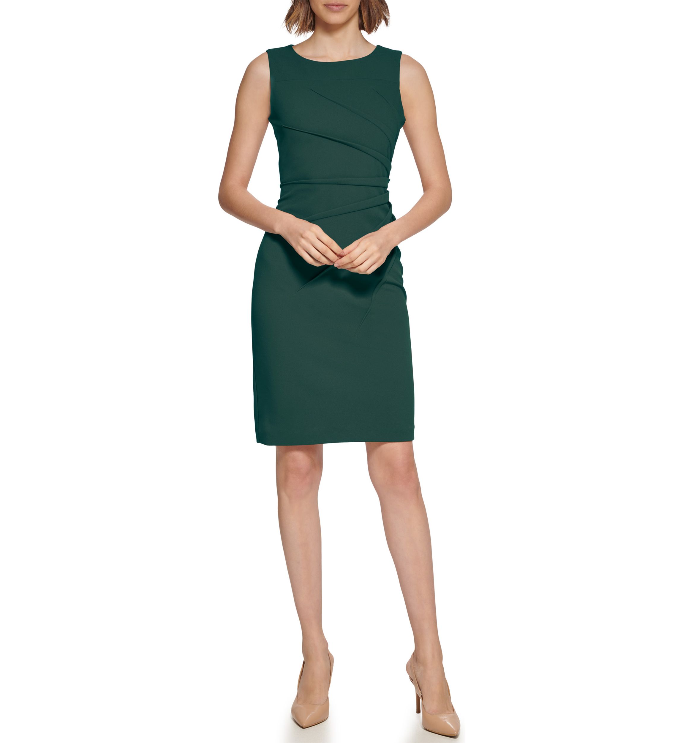 Womens Sleeveless Round Neck Ruched Solid Sheath Dress