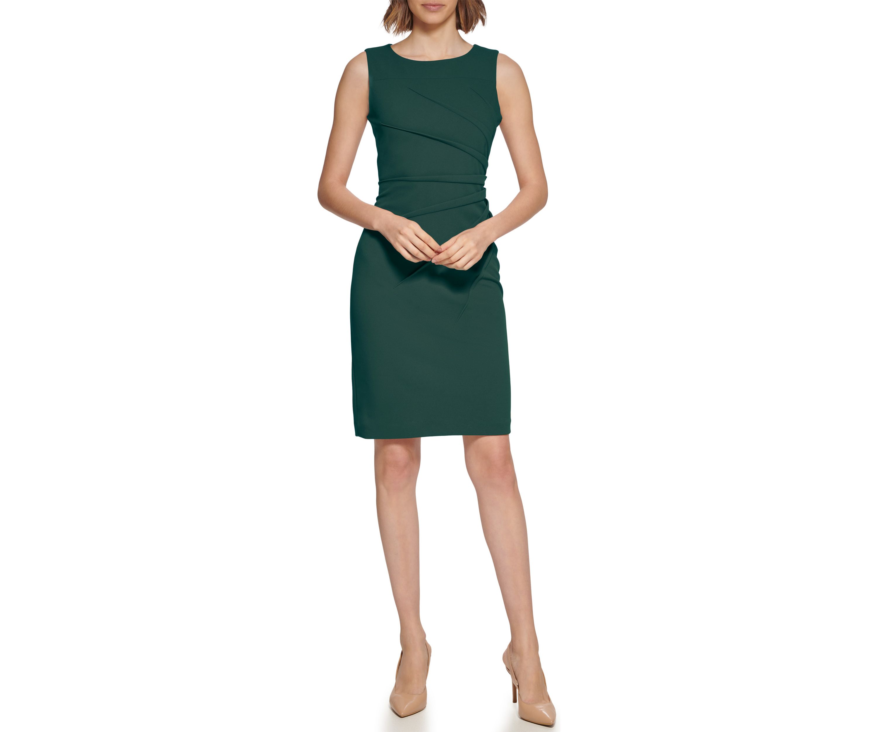 Womens Sleeveless Round Neck Ruched Solid Sheath Dress