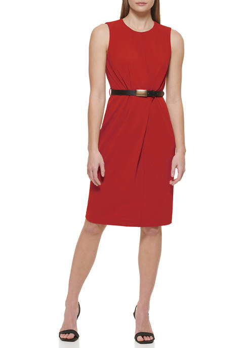 Womens Sleeveless Belted Solid Dress