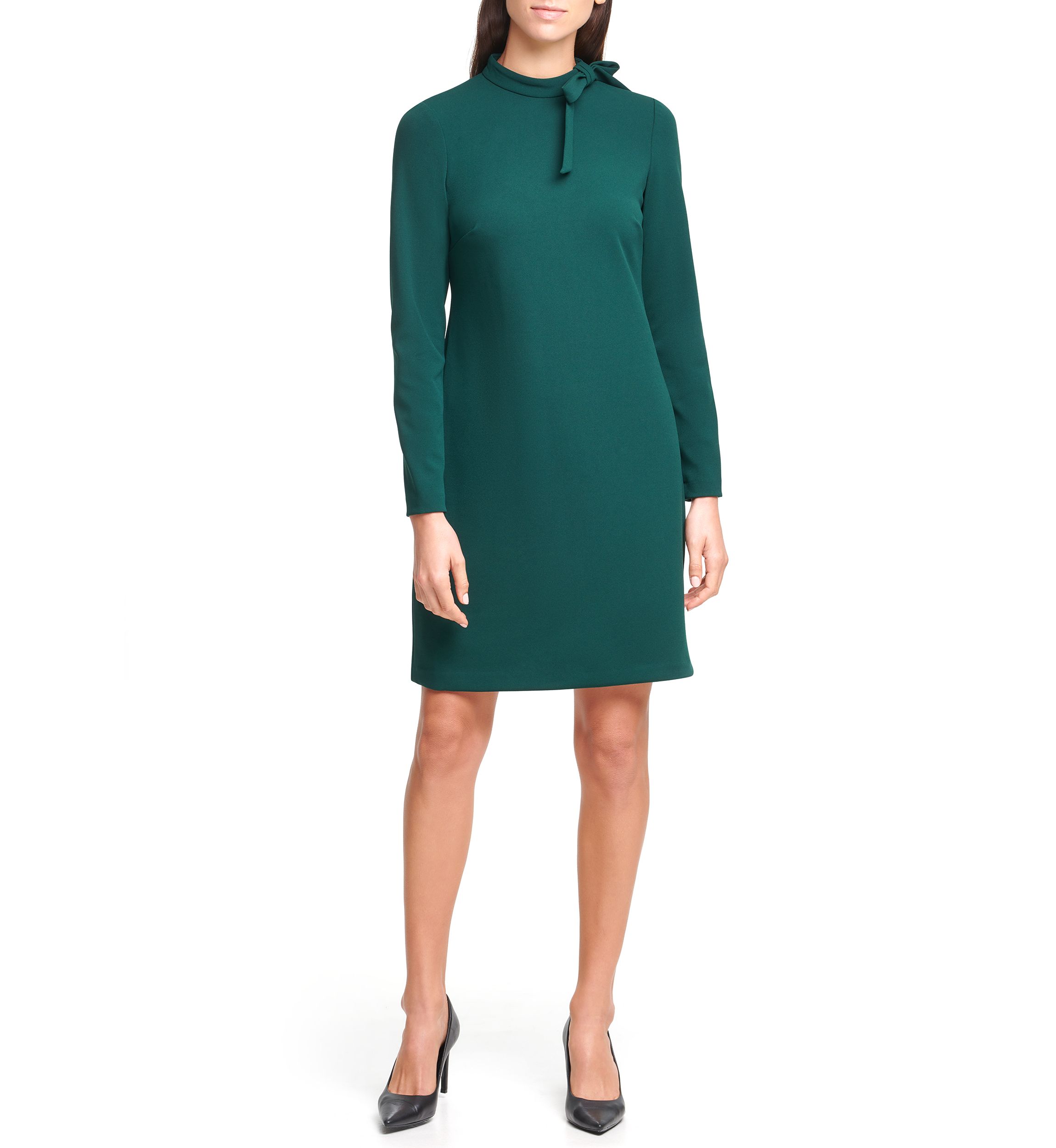 Womens Long Sleeve Crew Neck Faux Leather Shift Dress