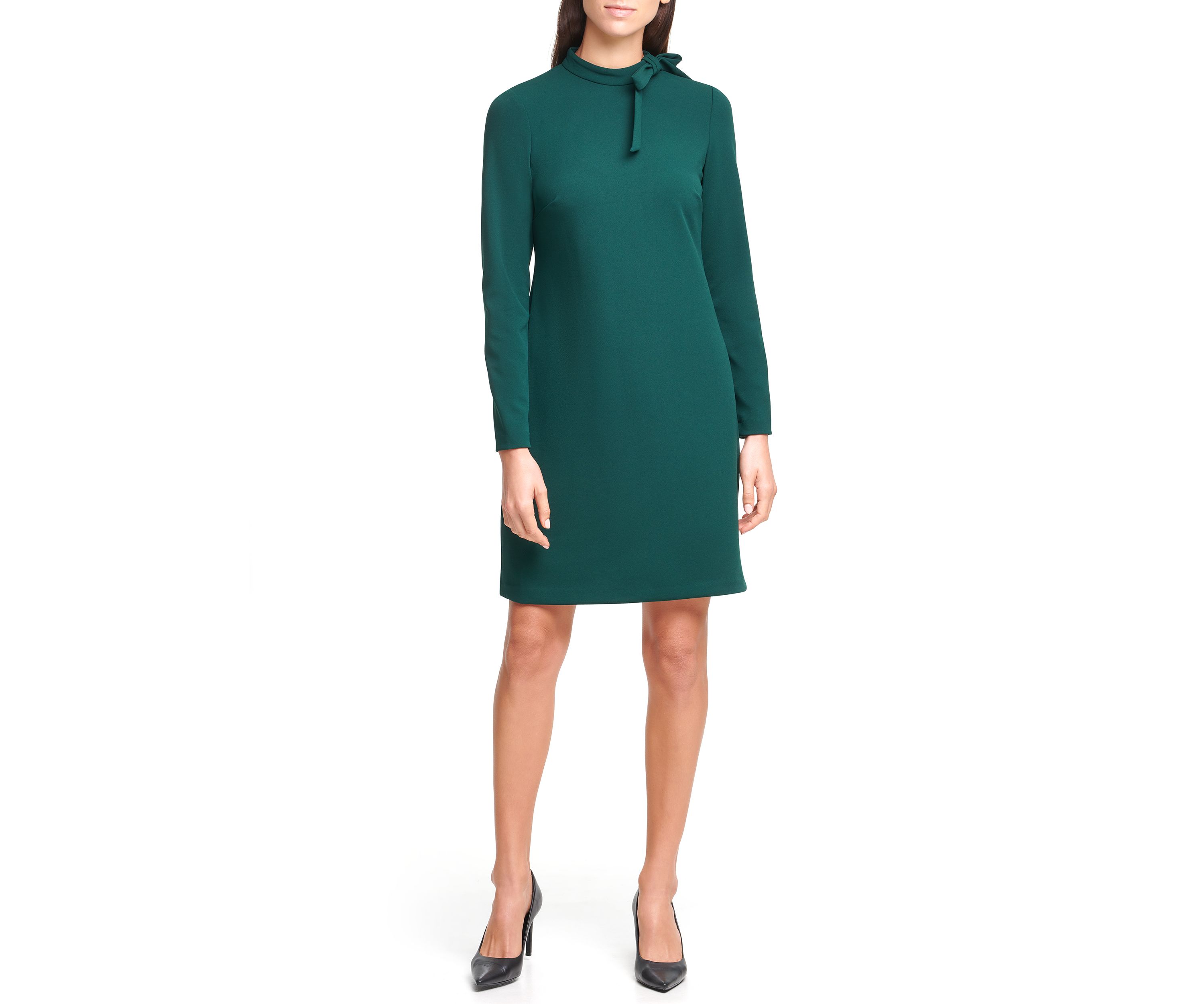 Womens Long Sleeve Crew Neck Faux Leather Shift Dress
