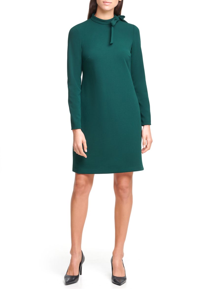 Womens Long Sleeve Crew Neck Faux Leather Shift Dress