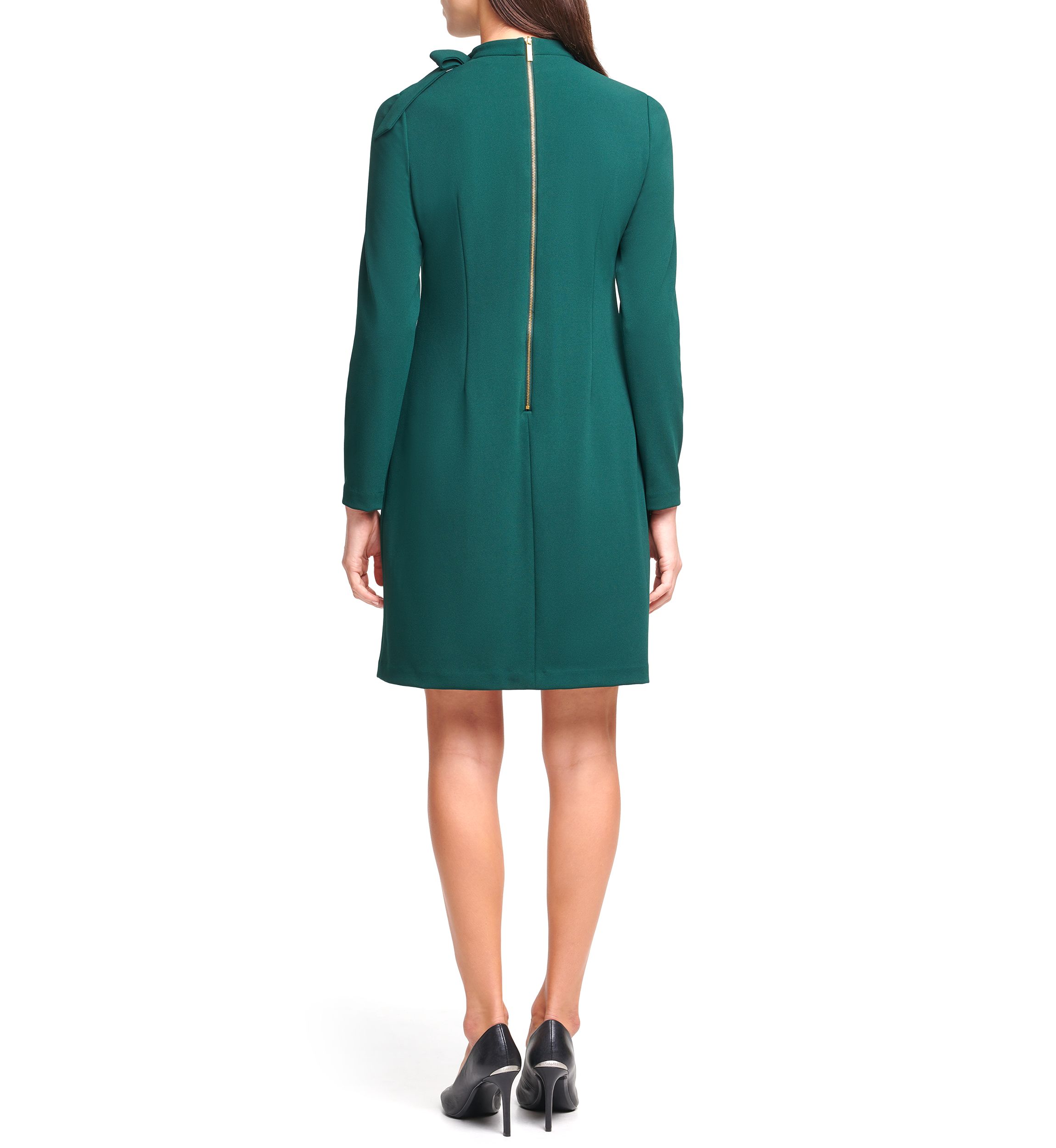 Womens Long Sleeve Crew Neck Faux Leather Shift Dress