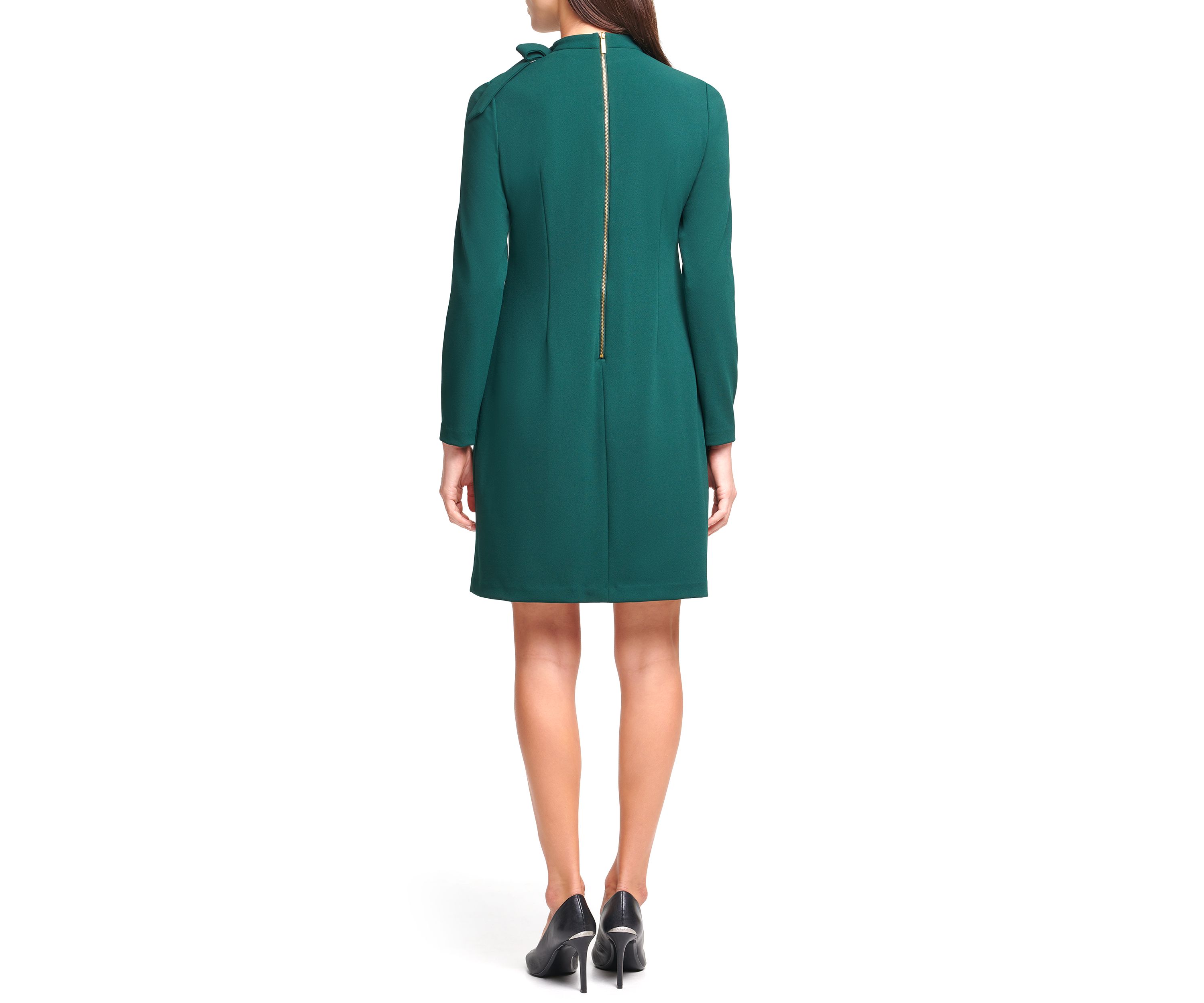 Womens Long Sleeve Crew Neck Faux Leather Shift Dress