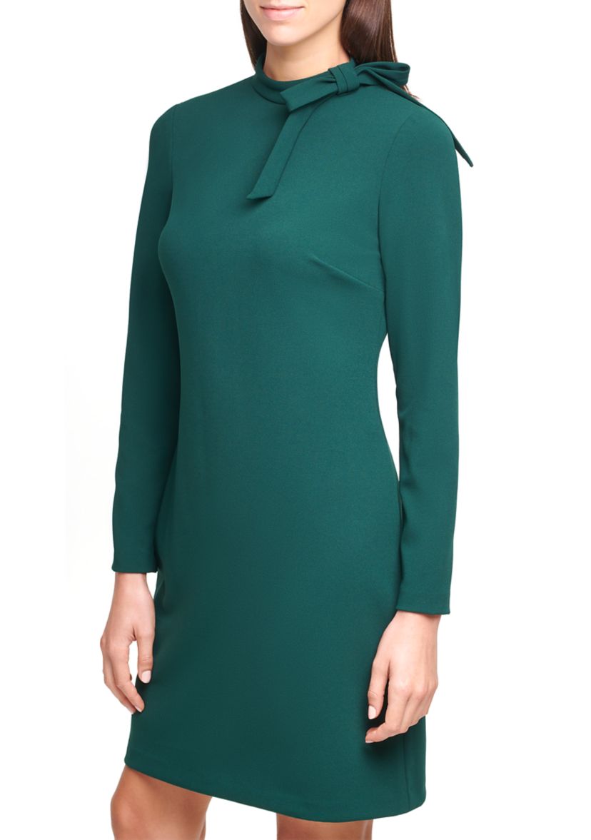 Womens Long Sleeve Crew Neck Faux Leather Shift Dress