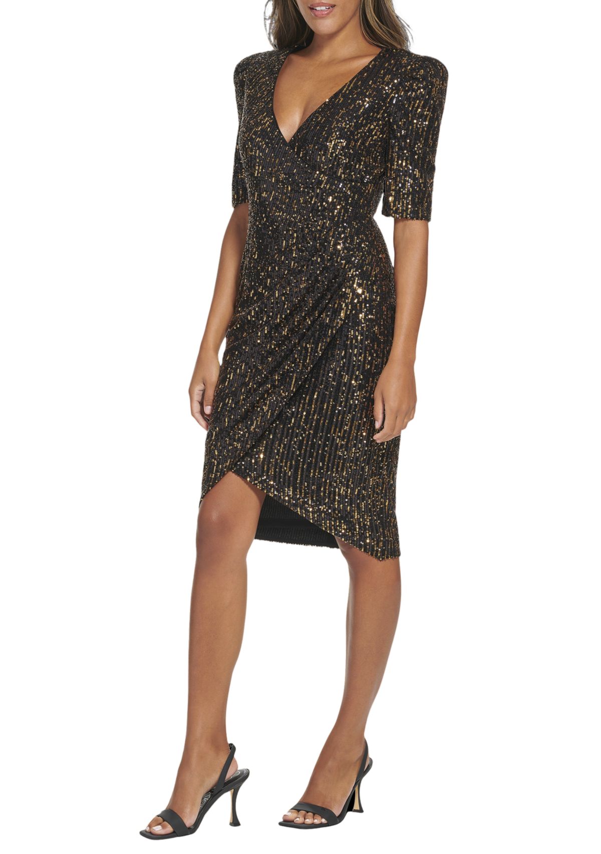 Womens Short Sleeve V-Neck Sequin Sheath Dress