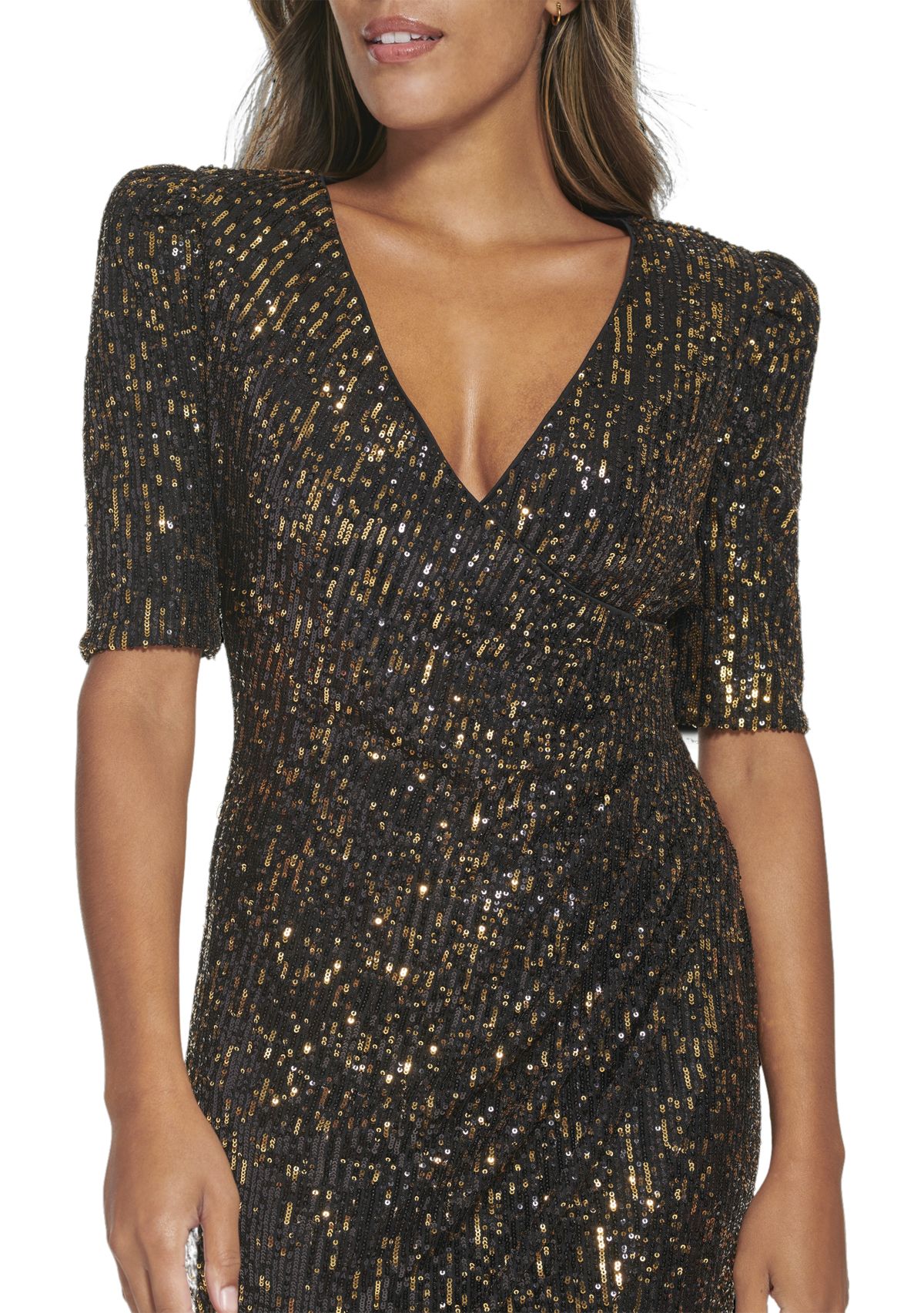 Womens Short Sleeve V-Neck Sequin Sheath Dress