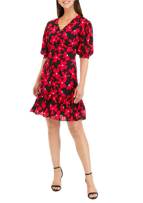Calvin Klein Womens Elbow Sleeve Floral Challis Flounce