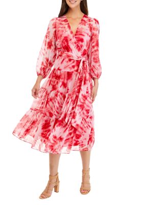 Calvin Klein Women's 3/4 Sleeve Tie Dye Tier Chiffon Midi Dress, 10
