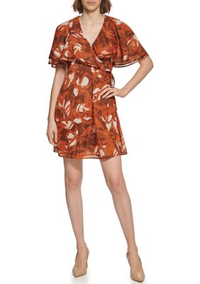 Calvin Klein Women's Overlay Collar Tie Floral Print Chiffon Dress | belk