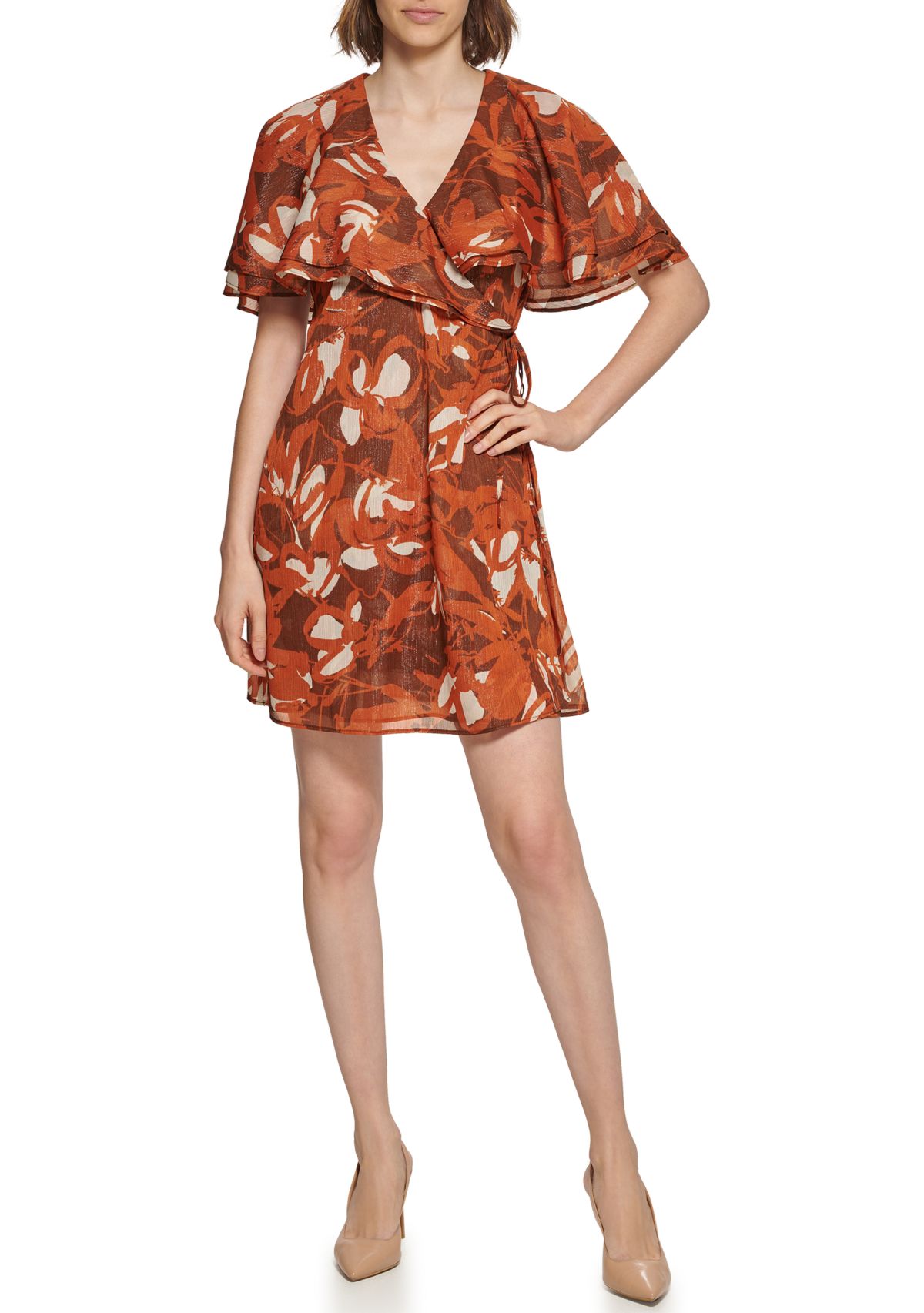 Womens Overlay Collar Tie Floral Print Chiffon Dress