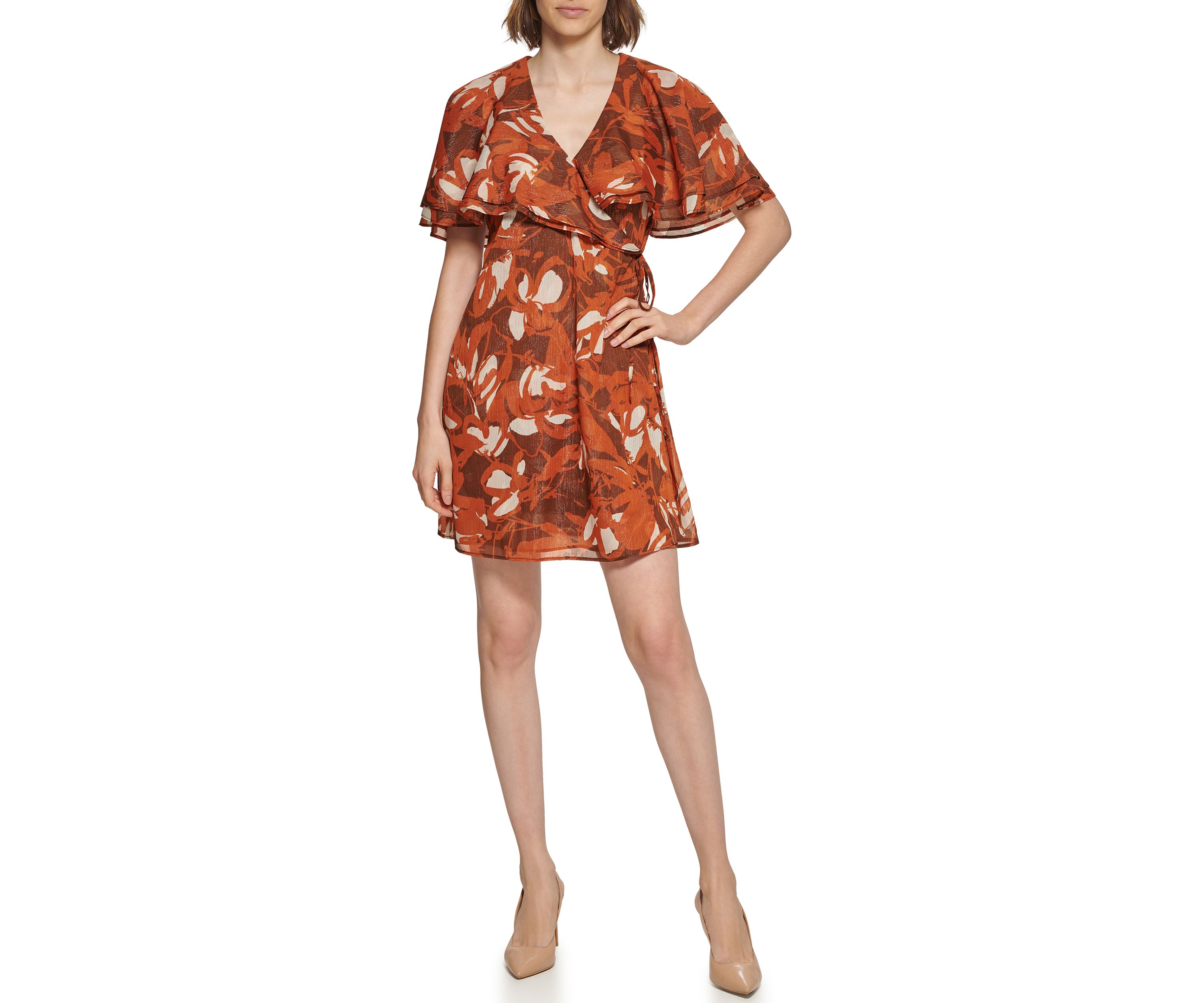 Womens Overlay Collar Tie Floral Print Chiffon Dress