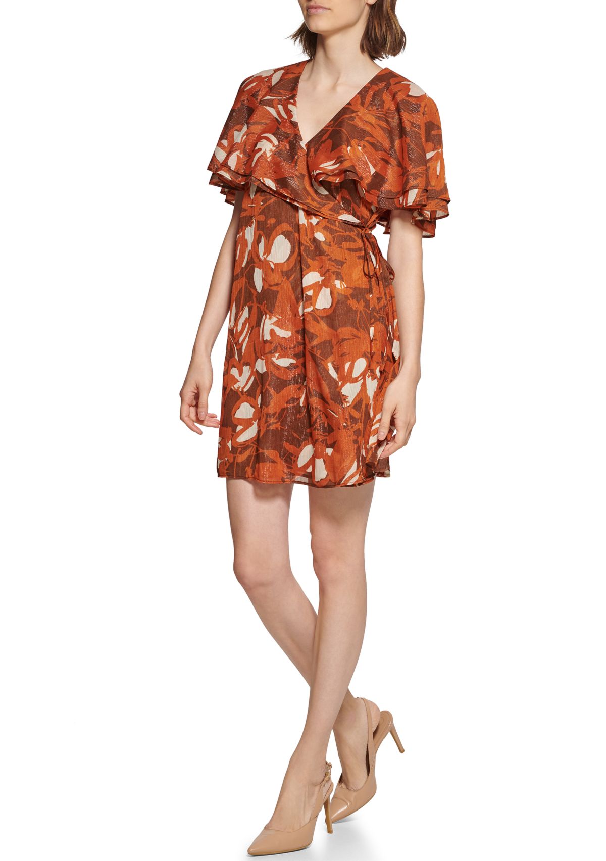 Womens Overlay Collar Tie Floral Print Chiffon Dress