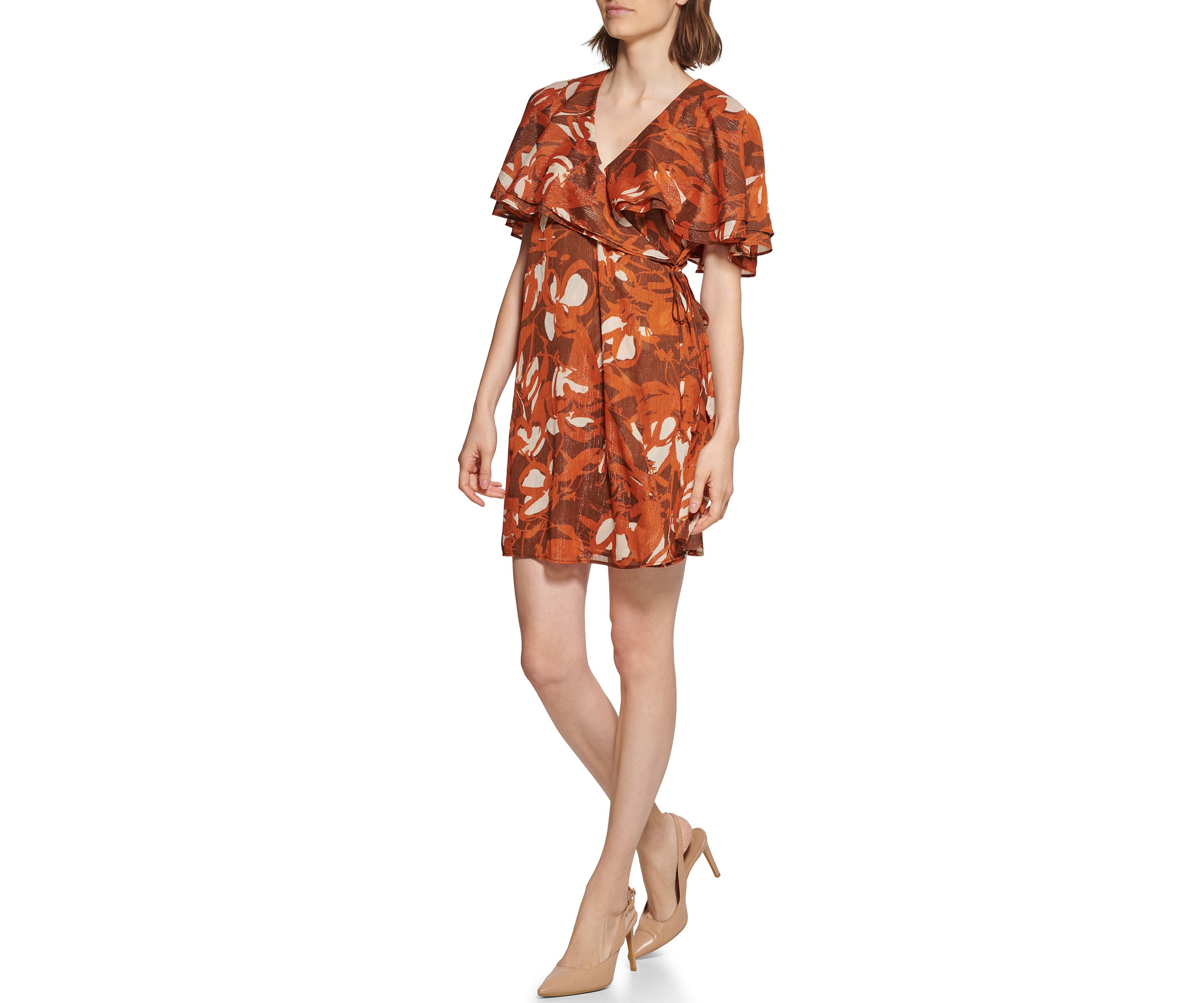 Womens Overlay Collar Tie Floral Print Chiffon Dress