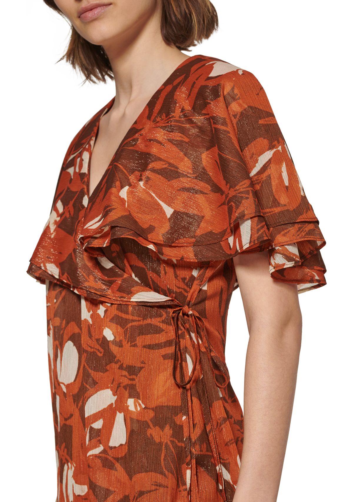 Womens Overlay Collar Tie Floral Print Chiffon Dress