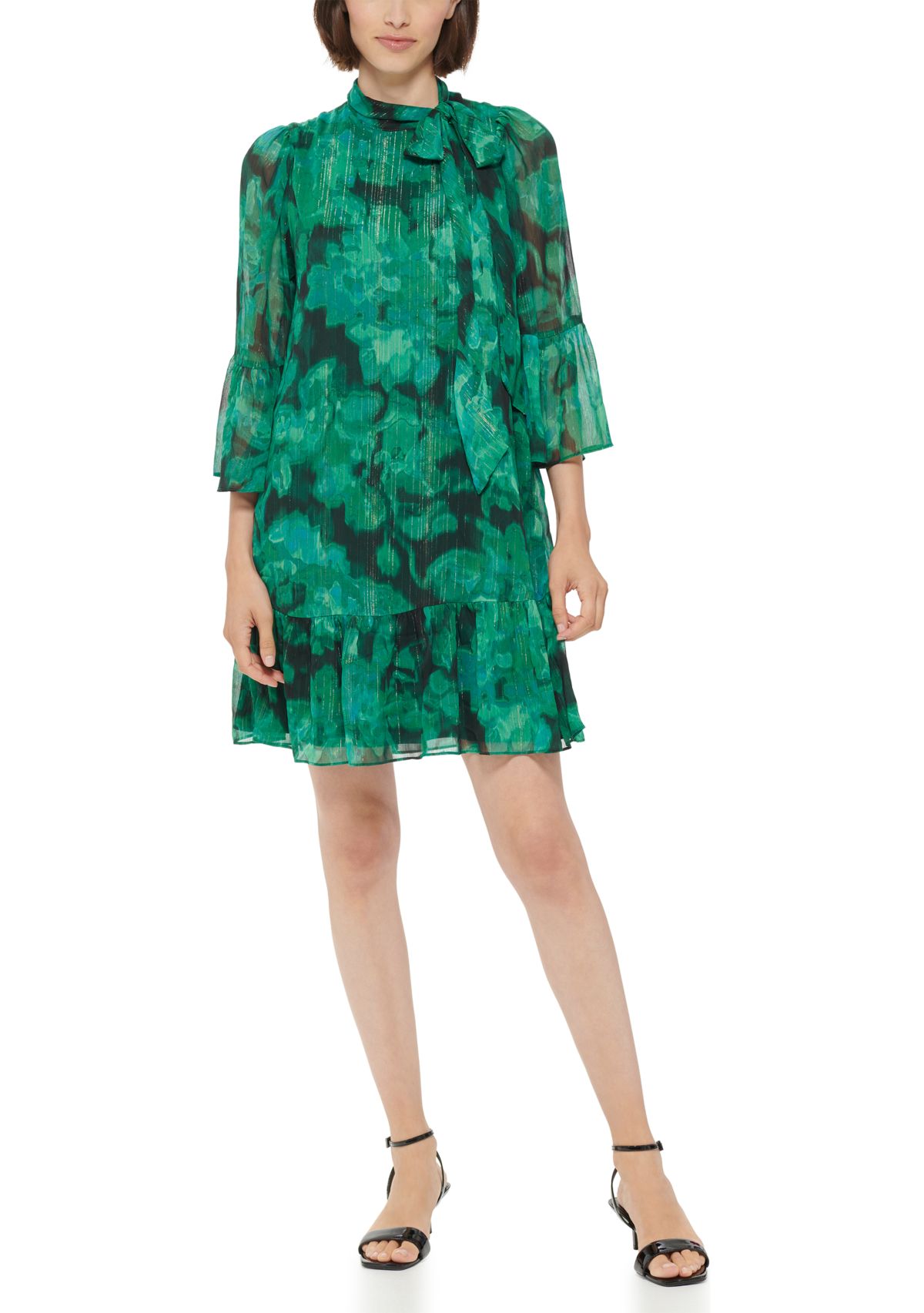 Womens 3/4 Sleeve Ruffle Bow Floral A-Line Dress